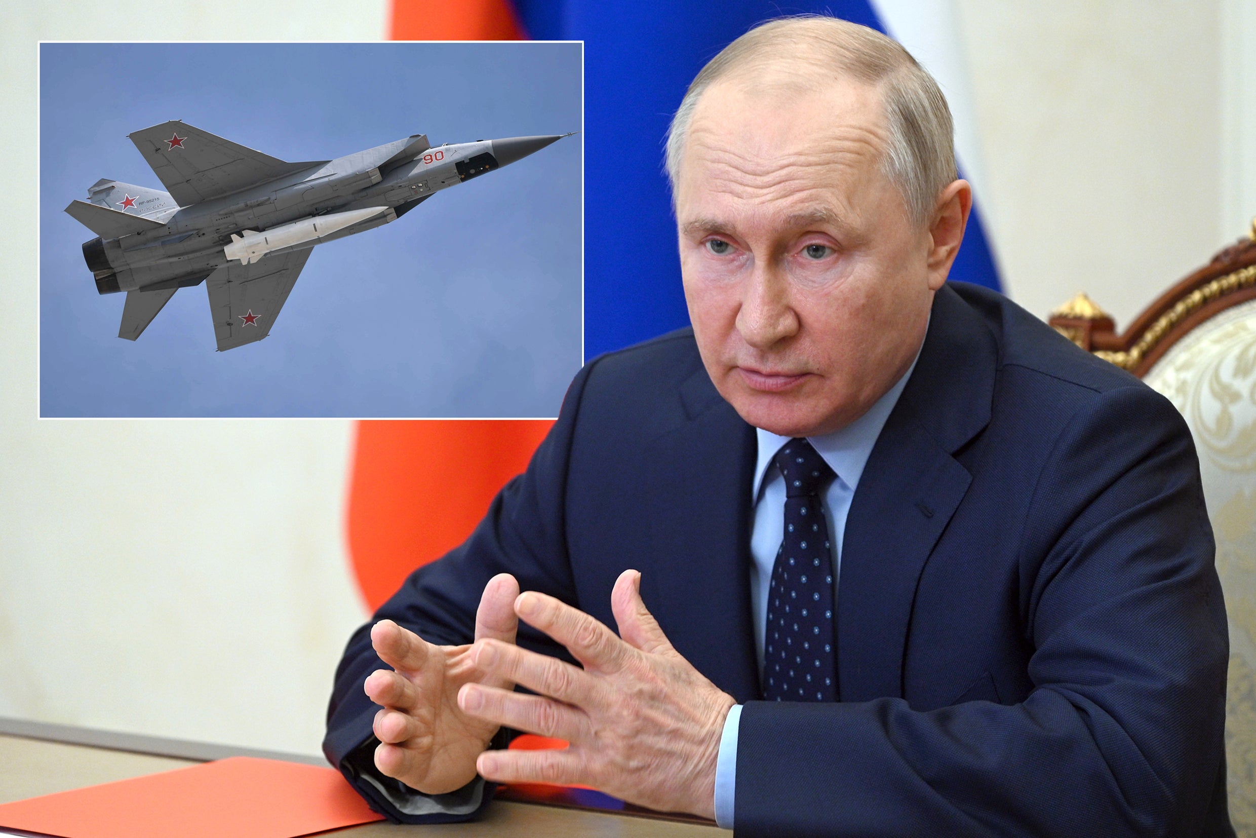 Vladimir Putin and an insert of a Kh-47M2 Kinzhal, a Russian hypersonic ballistic missile