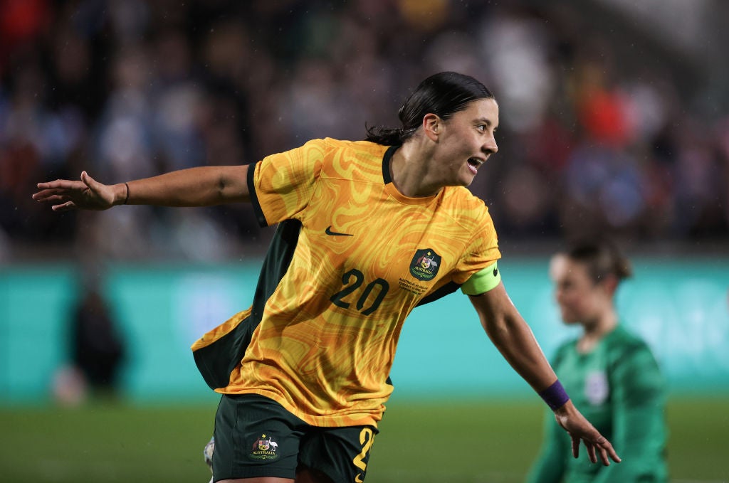 Kerr celebrates scoring against England in Australia’s 2-0 win in April