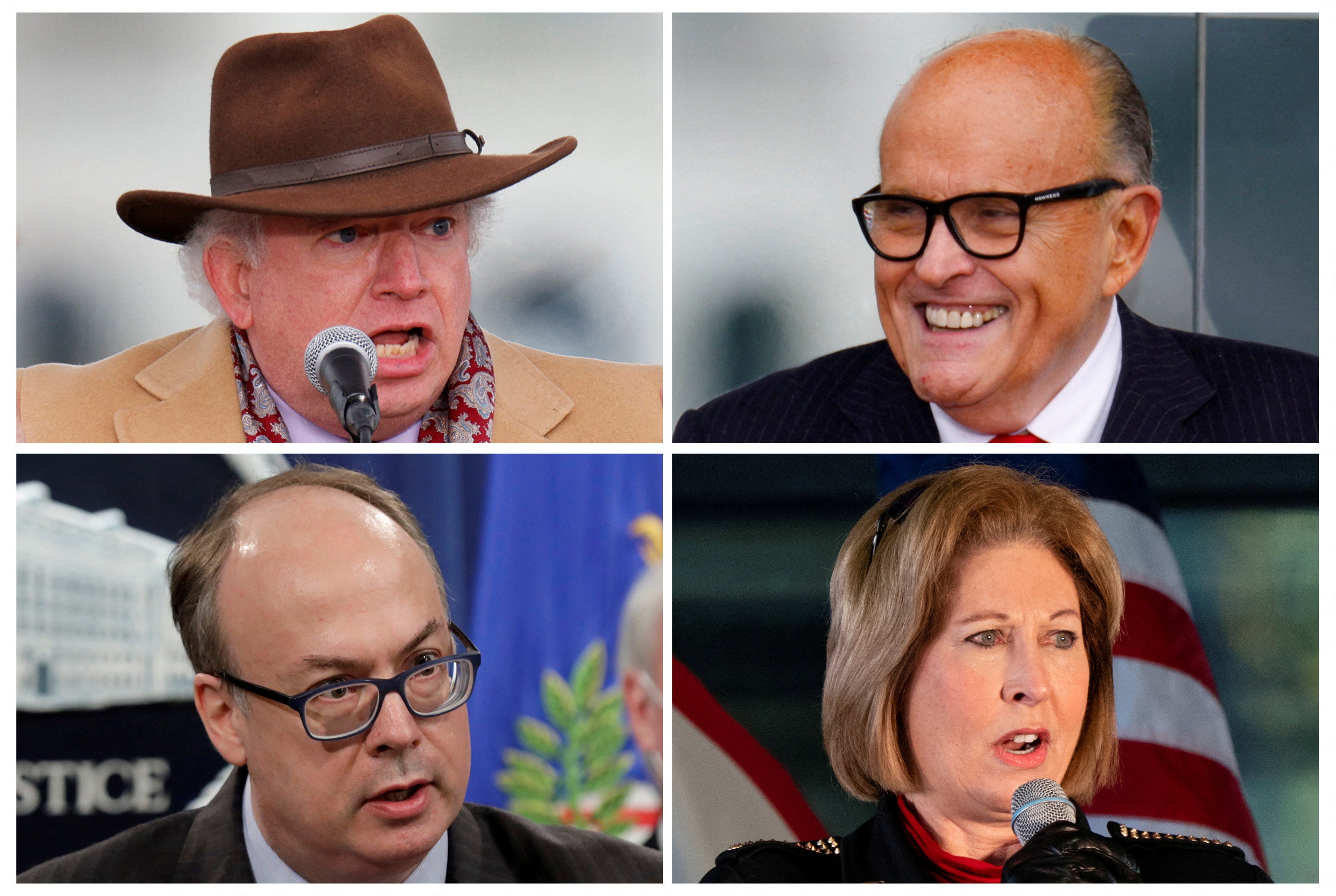 Clockwise from top left: John Eastman, Rudy Giuliani, Sidney Powell and Jeffrey Clark