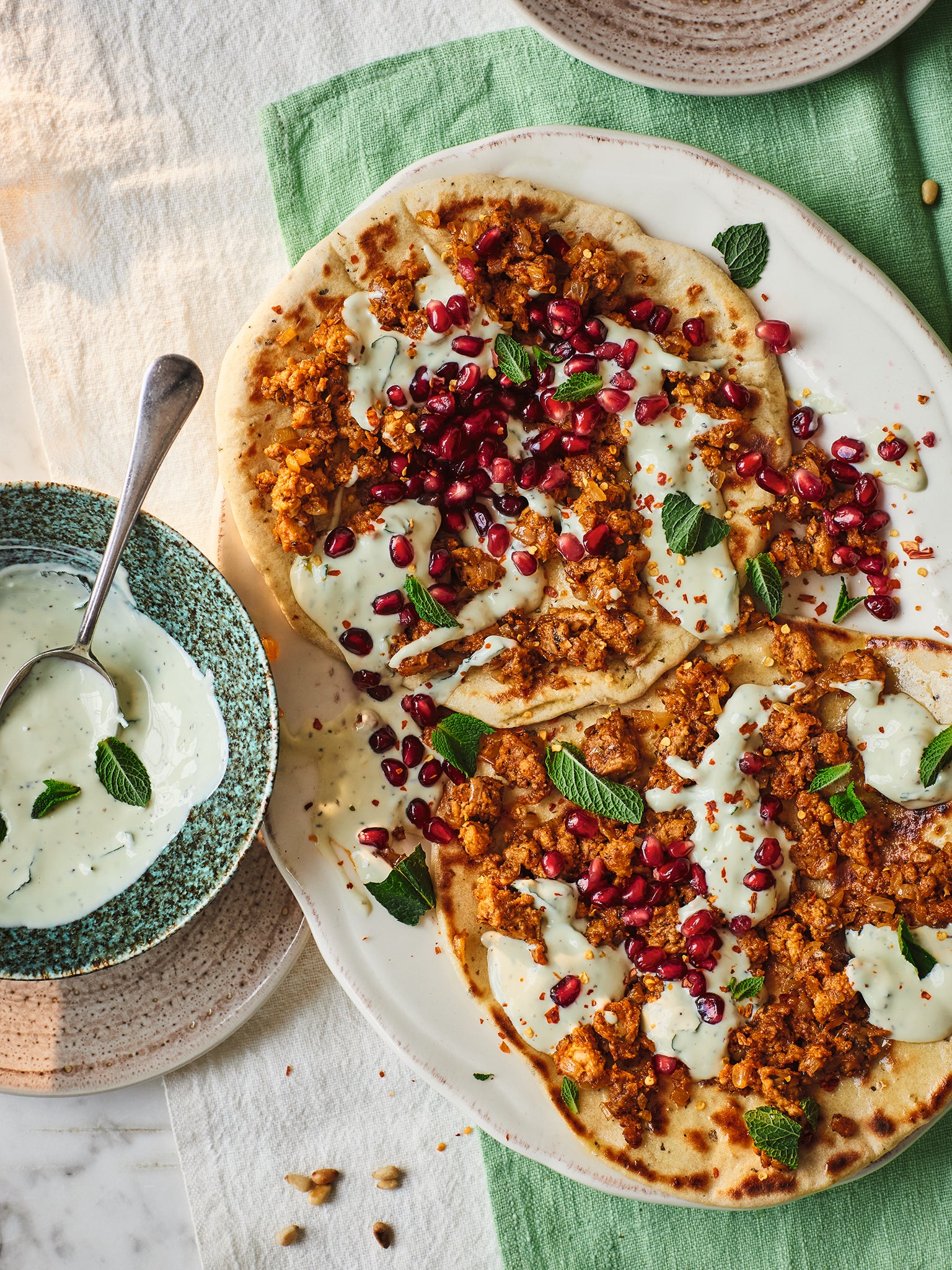 Flavour-absorbing crumbled tempeh does all the legwork for these flatbreads