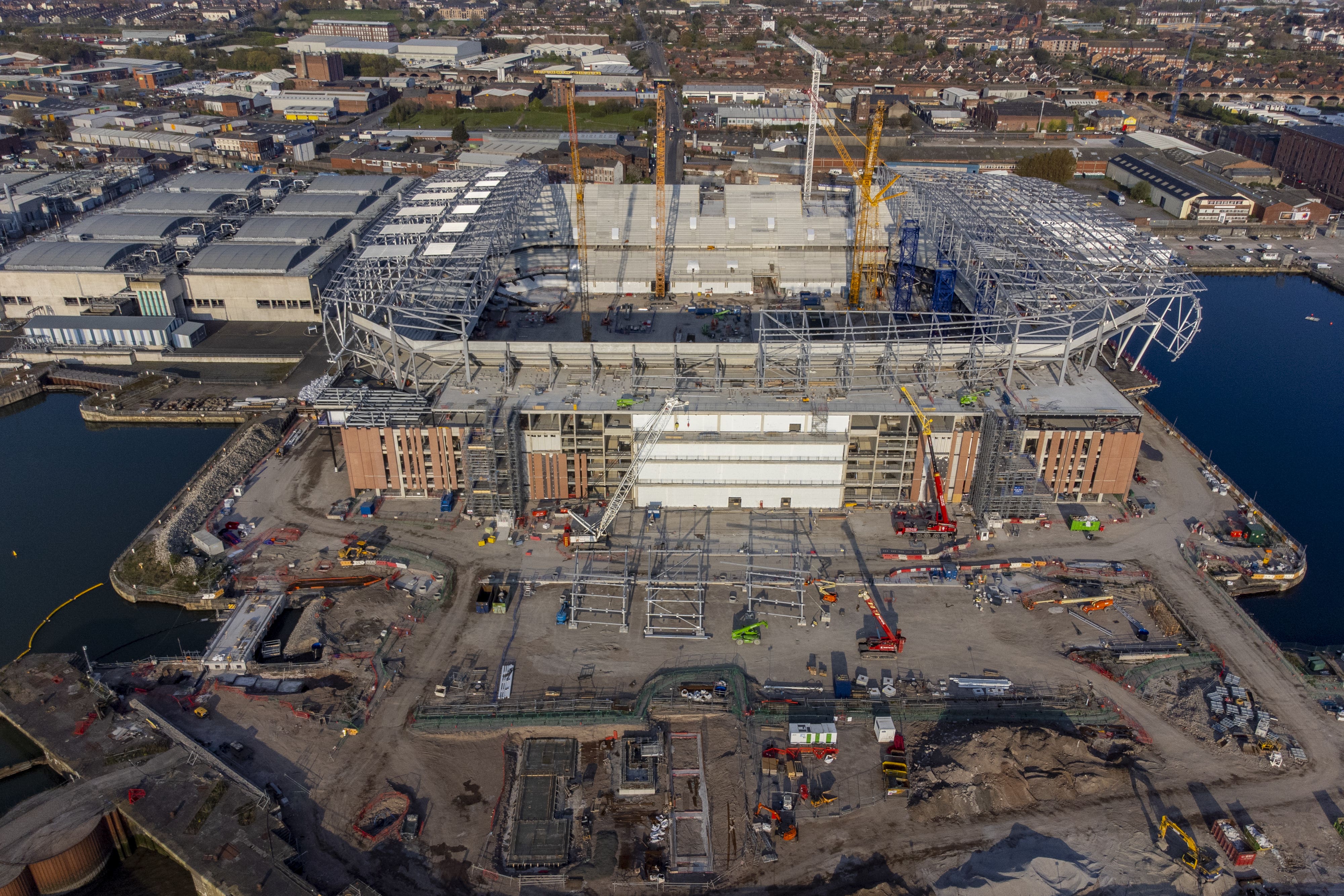 Work has been suspended on the construction of Everton FC’s new stadium under construction at Bramley-Moore Dock in Liverpool (Peter Byrne/PA)