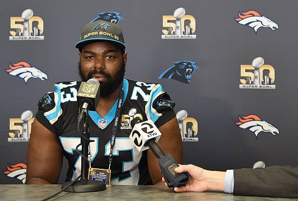 File: Tackle Michael Oher #73 of the Carolina Panther addresses the media prior to Super Bowl 50 at the San Jose Convention Center/ San Jose Marriott on 2 February 2016