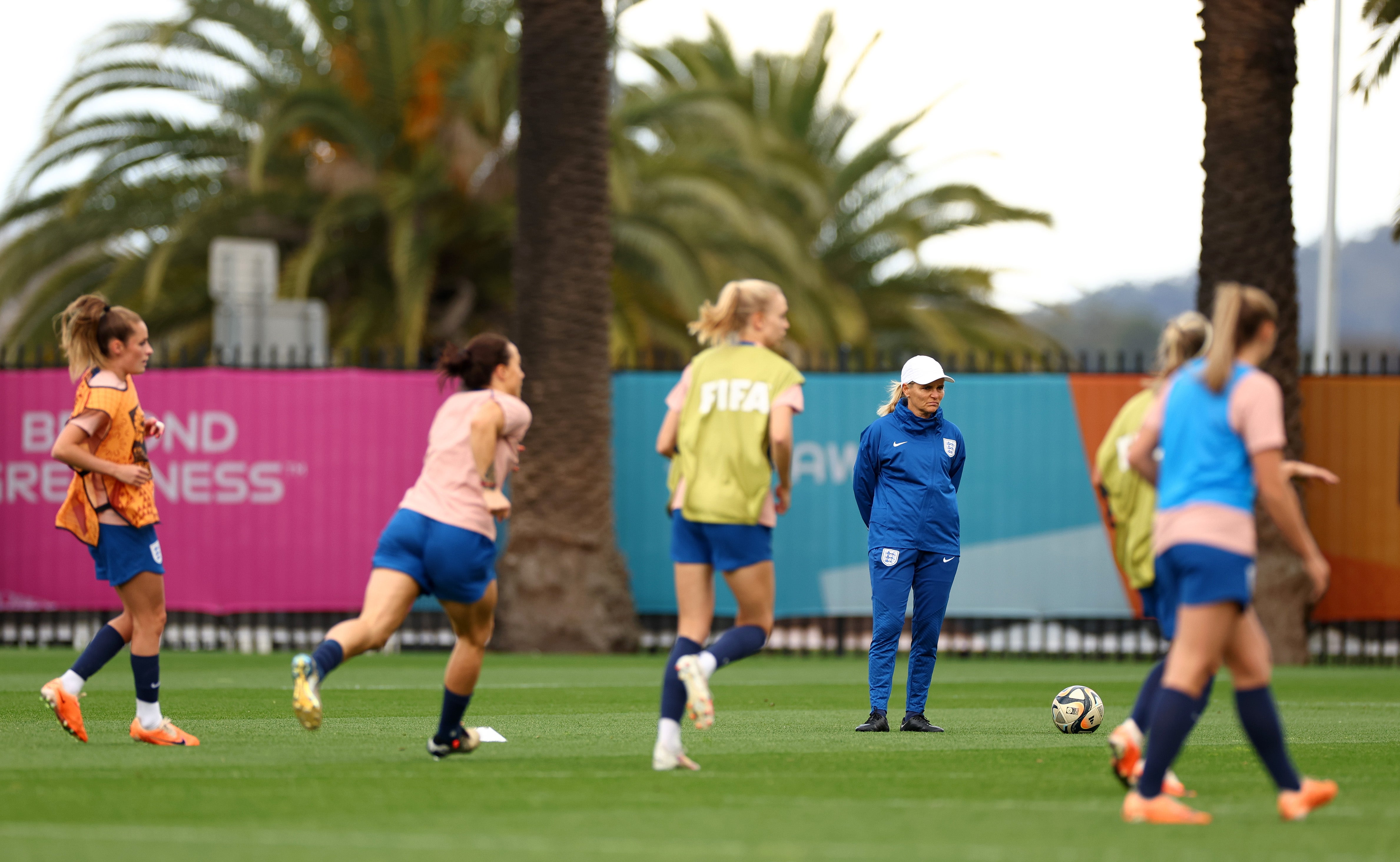 Sarina Wiegman, Manager of England, looks on during a training session at Central Coast Stadium