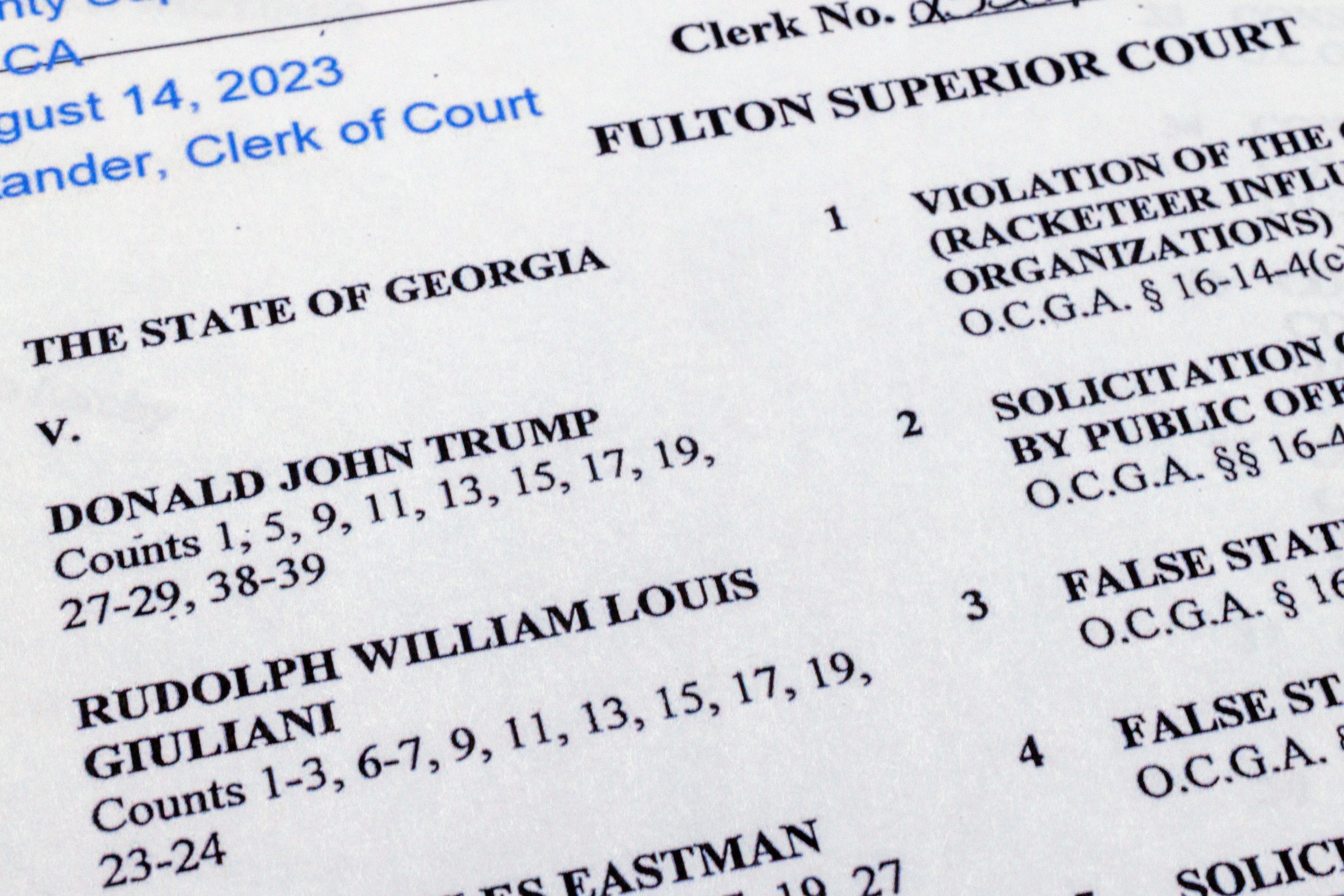 The indictment in Georgia against former President Donald Trump is photographed Monday, Aug. 14, 2023.