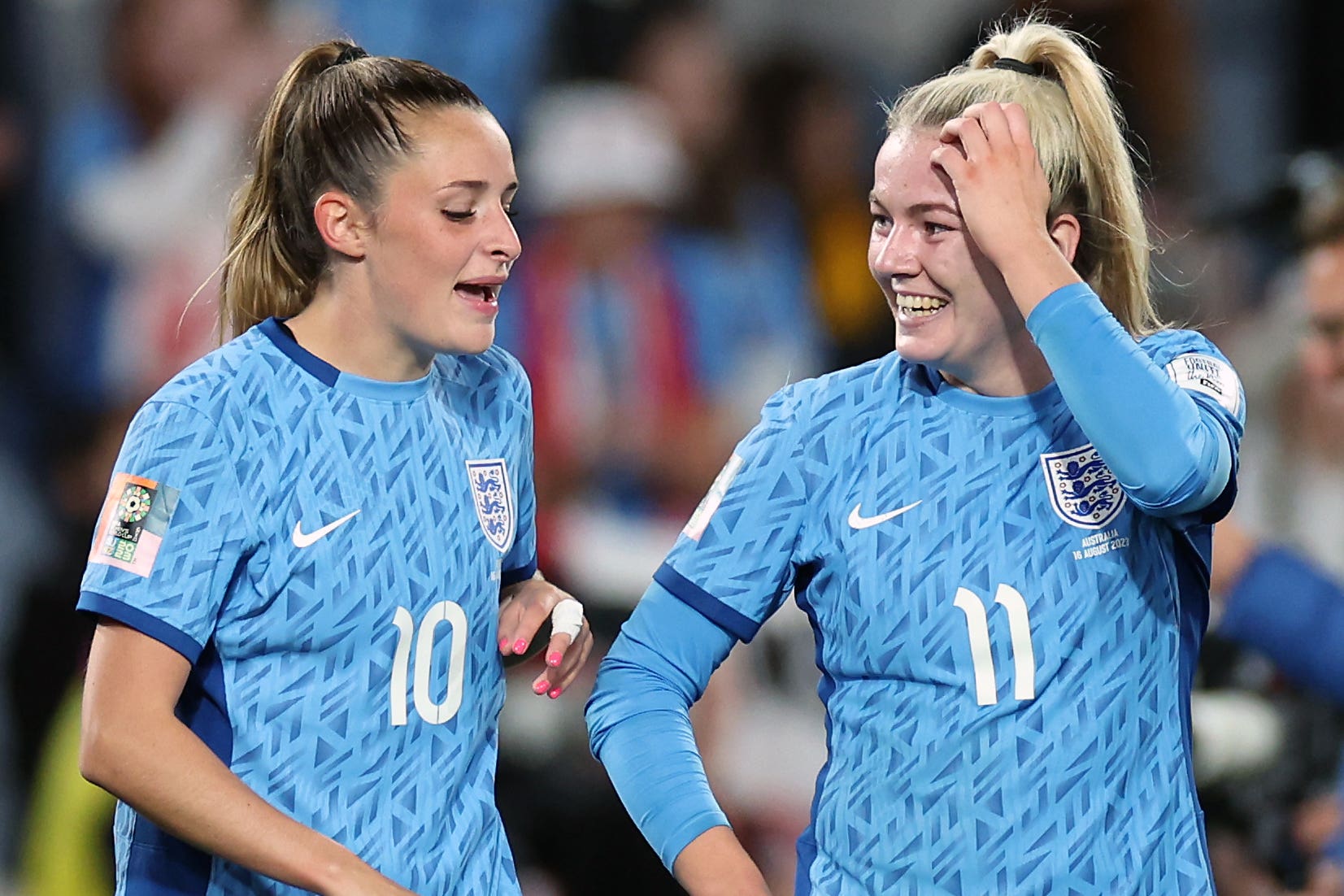 Ella Toone (left) and Lauren Hemp struck to send England into the World Cup final (Isabel Infantes/PA)