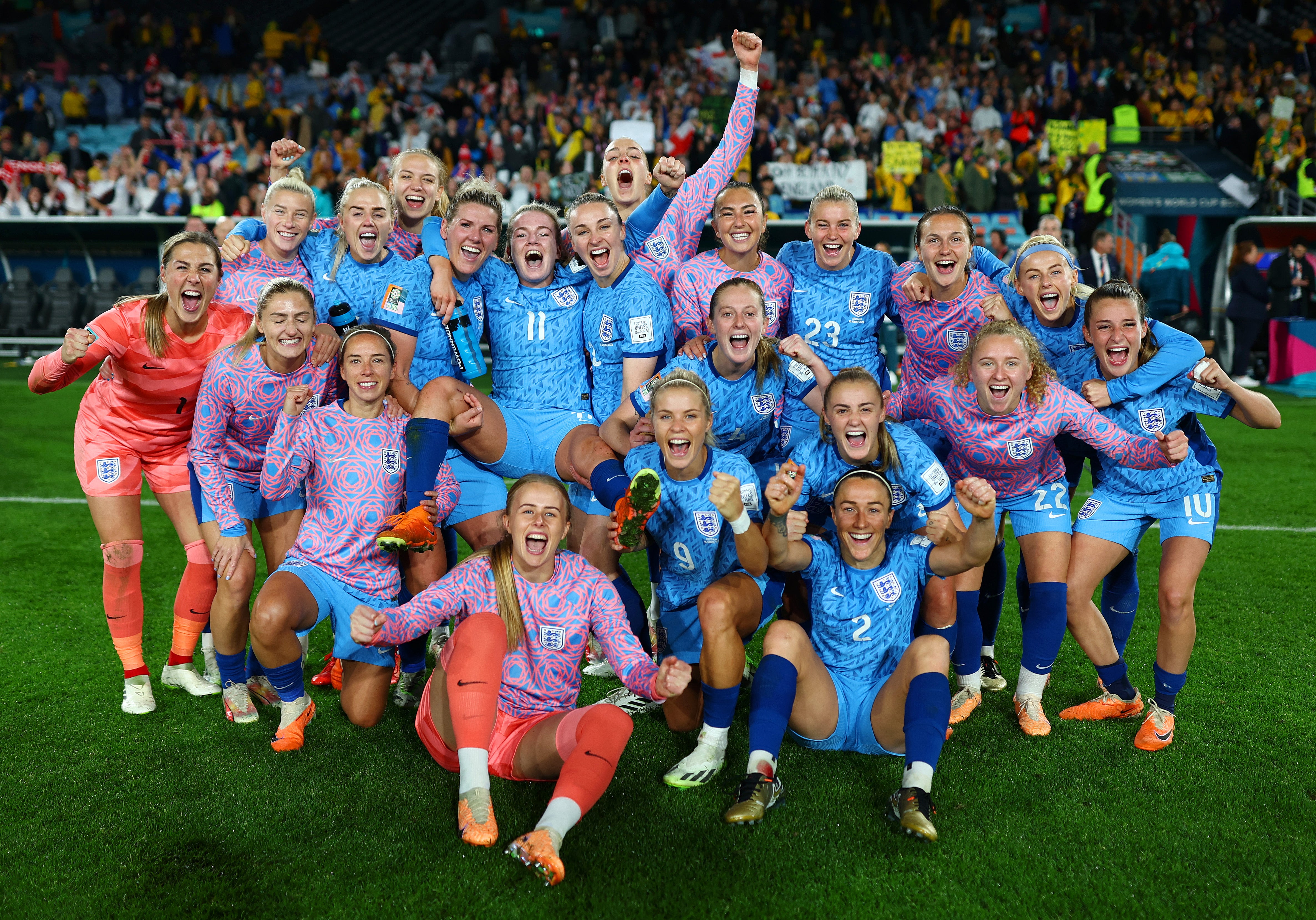 England celebrate after beating Australia to reach the World Cup final