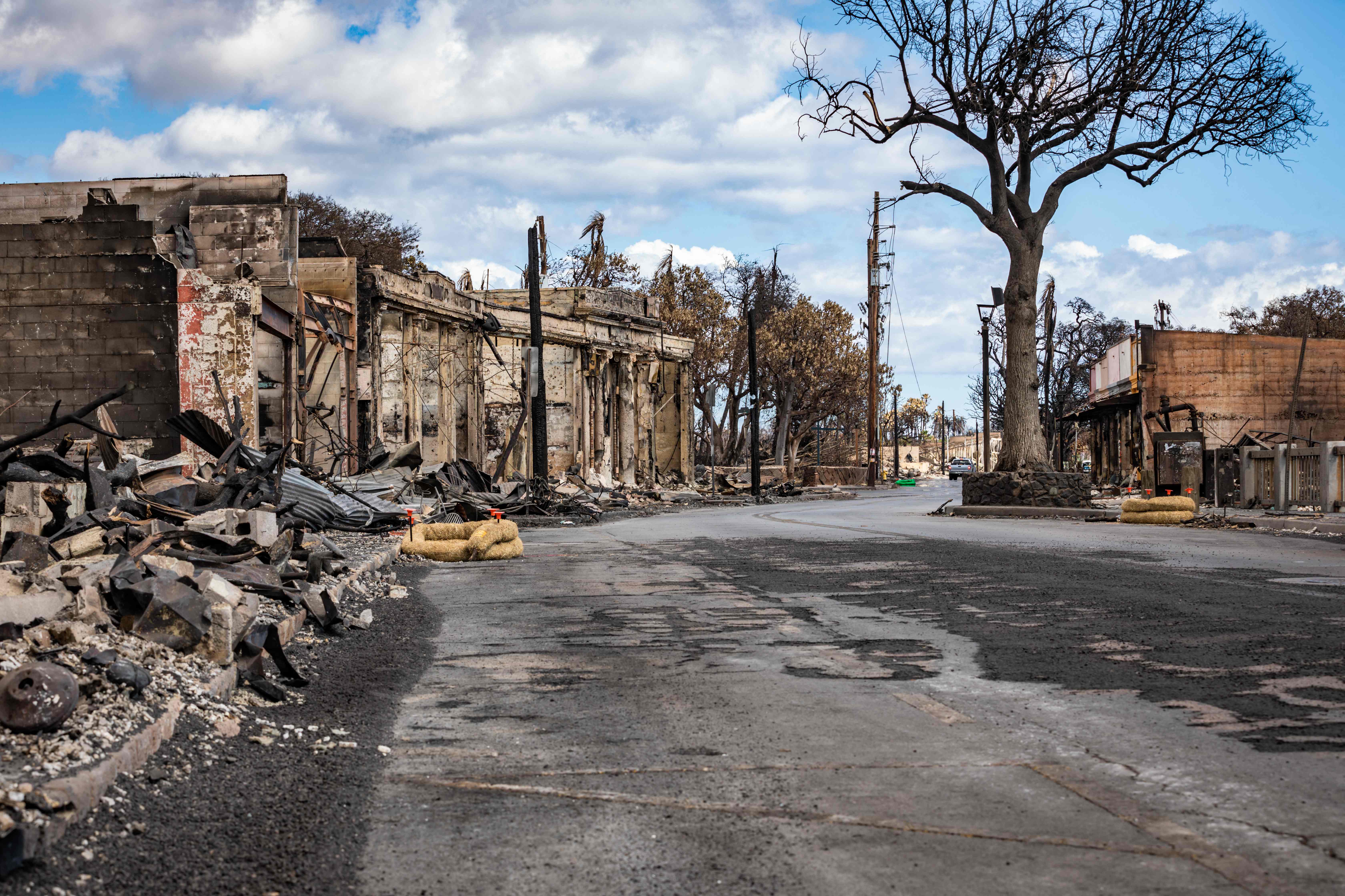 This handout image courtesy of the US Army shows damaged buildings and structures of Lahaina Town destroyed in the Maui wildfires in Lahaina, Maui, August 15, 2023