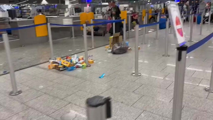 Litter scattered in Frankfurt airport after flooding prompts flight cancellations