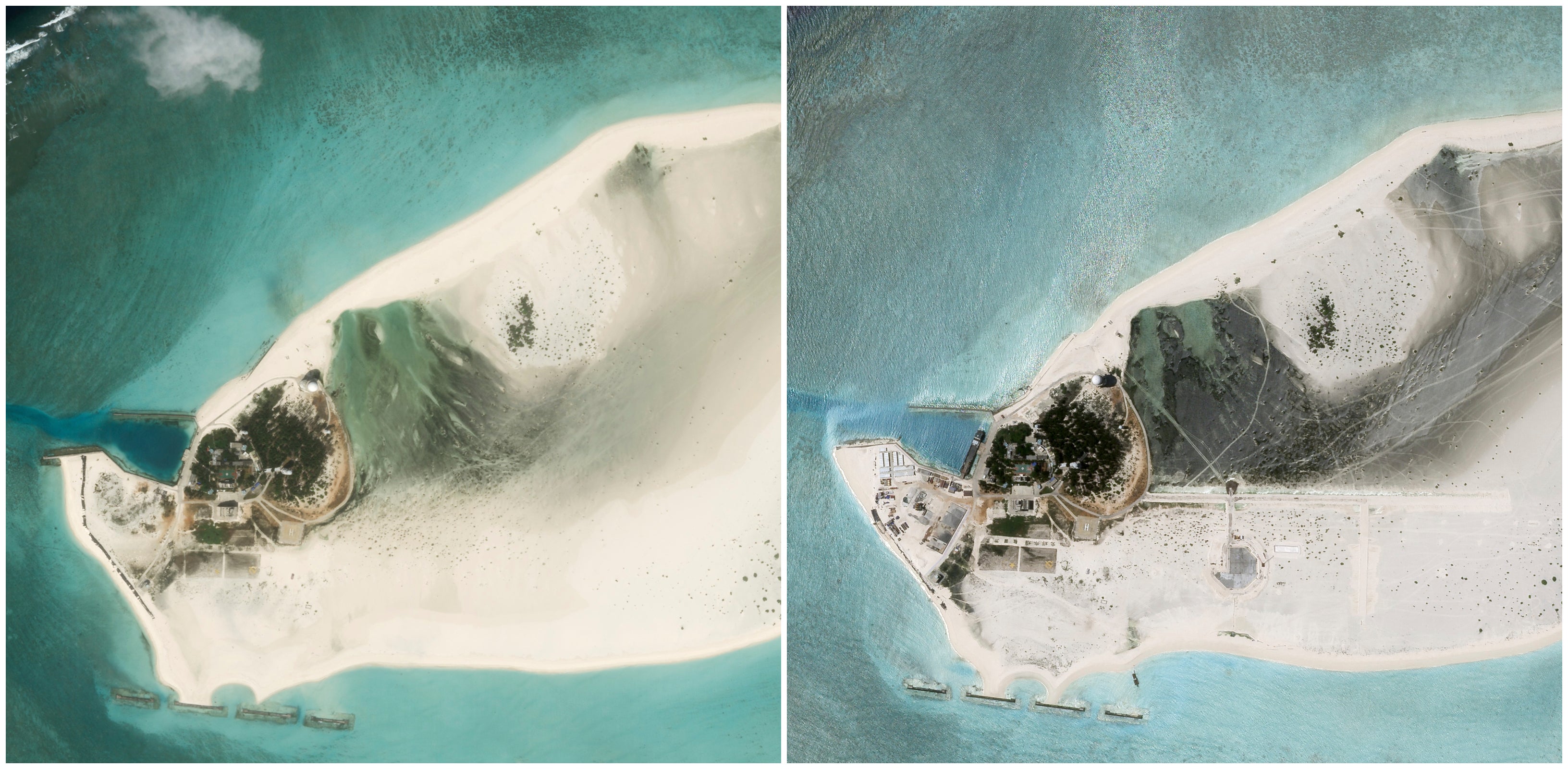 (L) Satellite image of the Triton Island in February 2023 with no airstrip and the image of the island from August with visible runway and other constructions