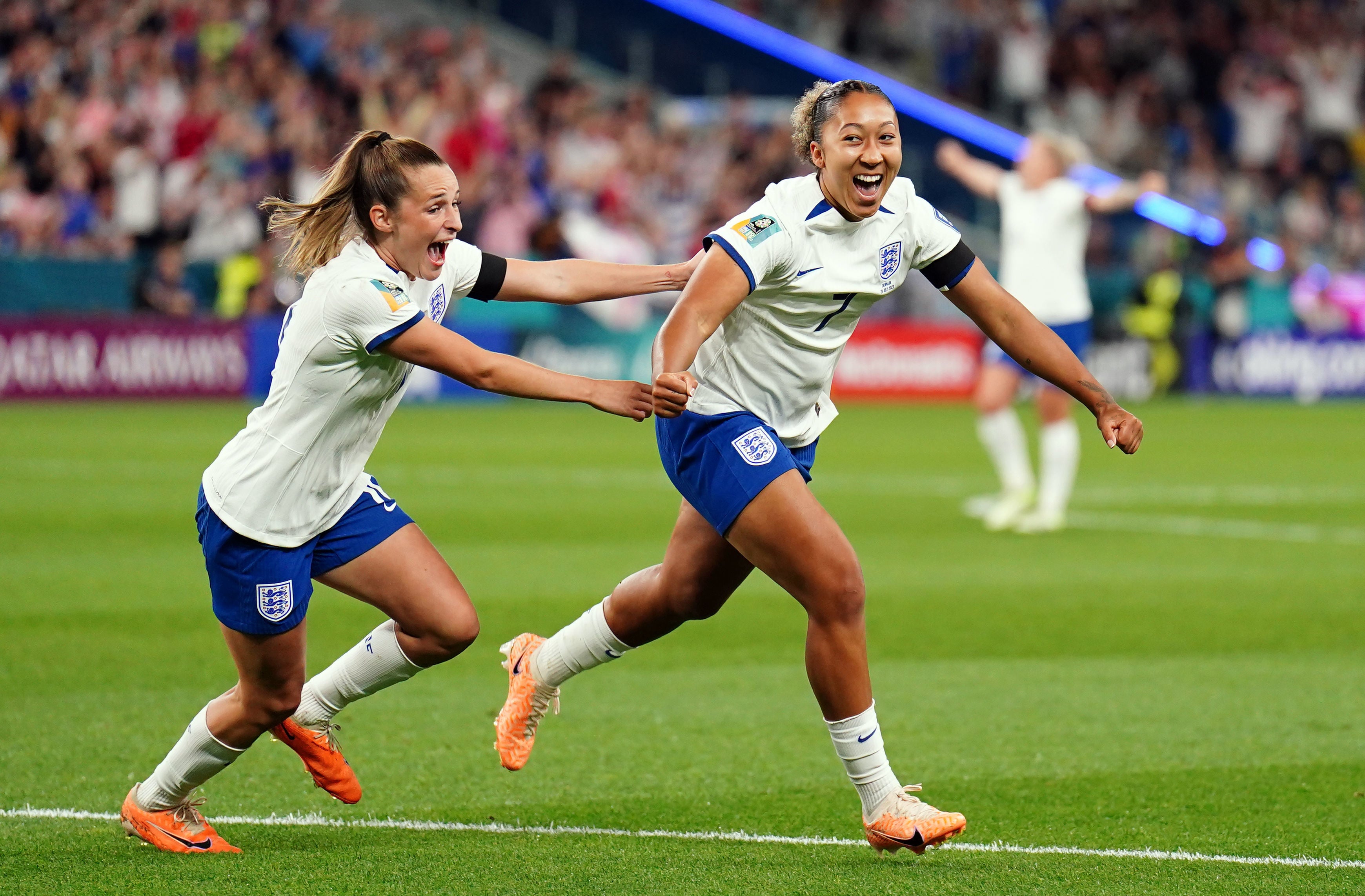 England's Lauren James celebrates celebrates scoring the opening goal against Denmark