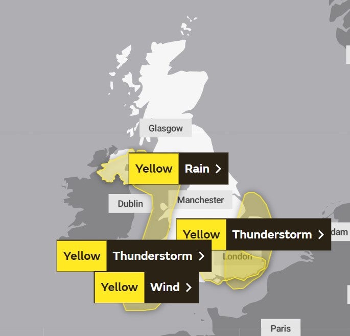 The Met Office has issued yellow weather warnings for Saturday