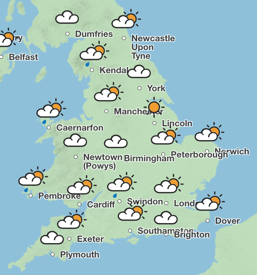 In England, temperatures are expected to be “fairly pleasant right across the board” as fans gather at outdoor fan zones to watch England play Spain, live