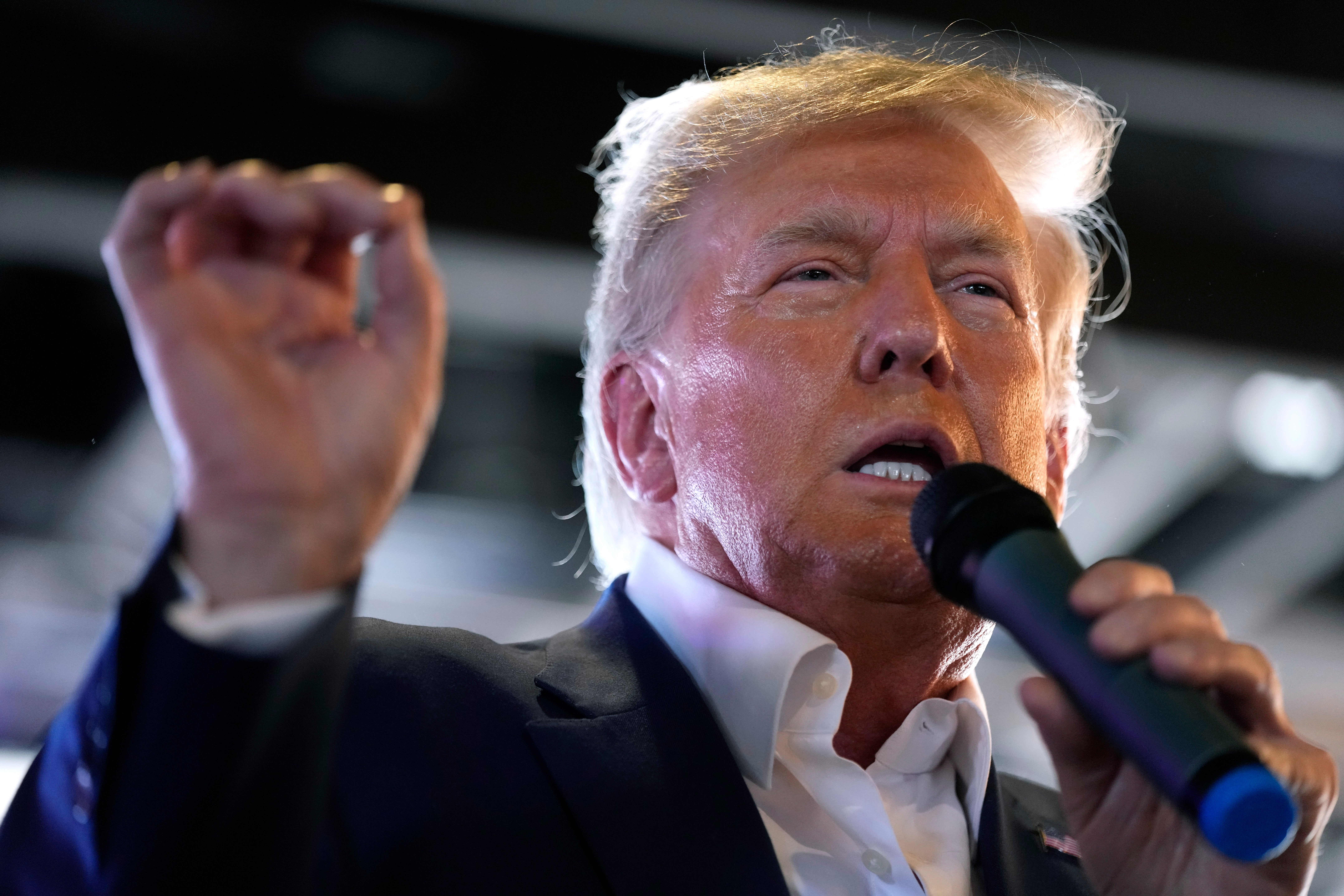 Republican presidential candidate former President Donald Trump speaks to supporters during a visit to the Iowa State Fair on 12 August 2023