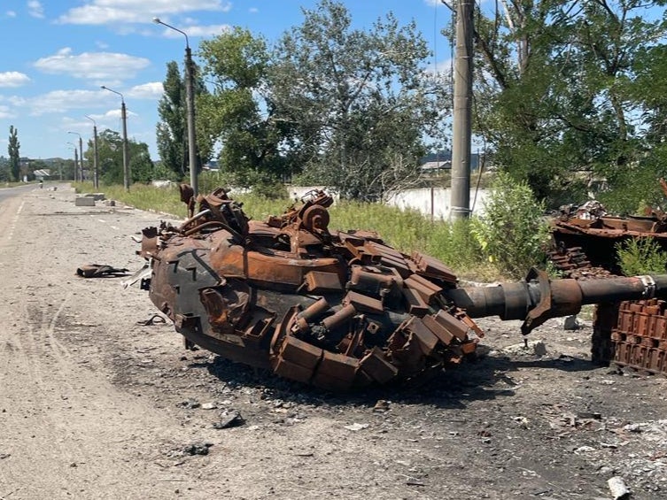 A burnt-out tank near Kupiansk