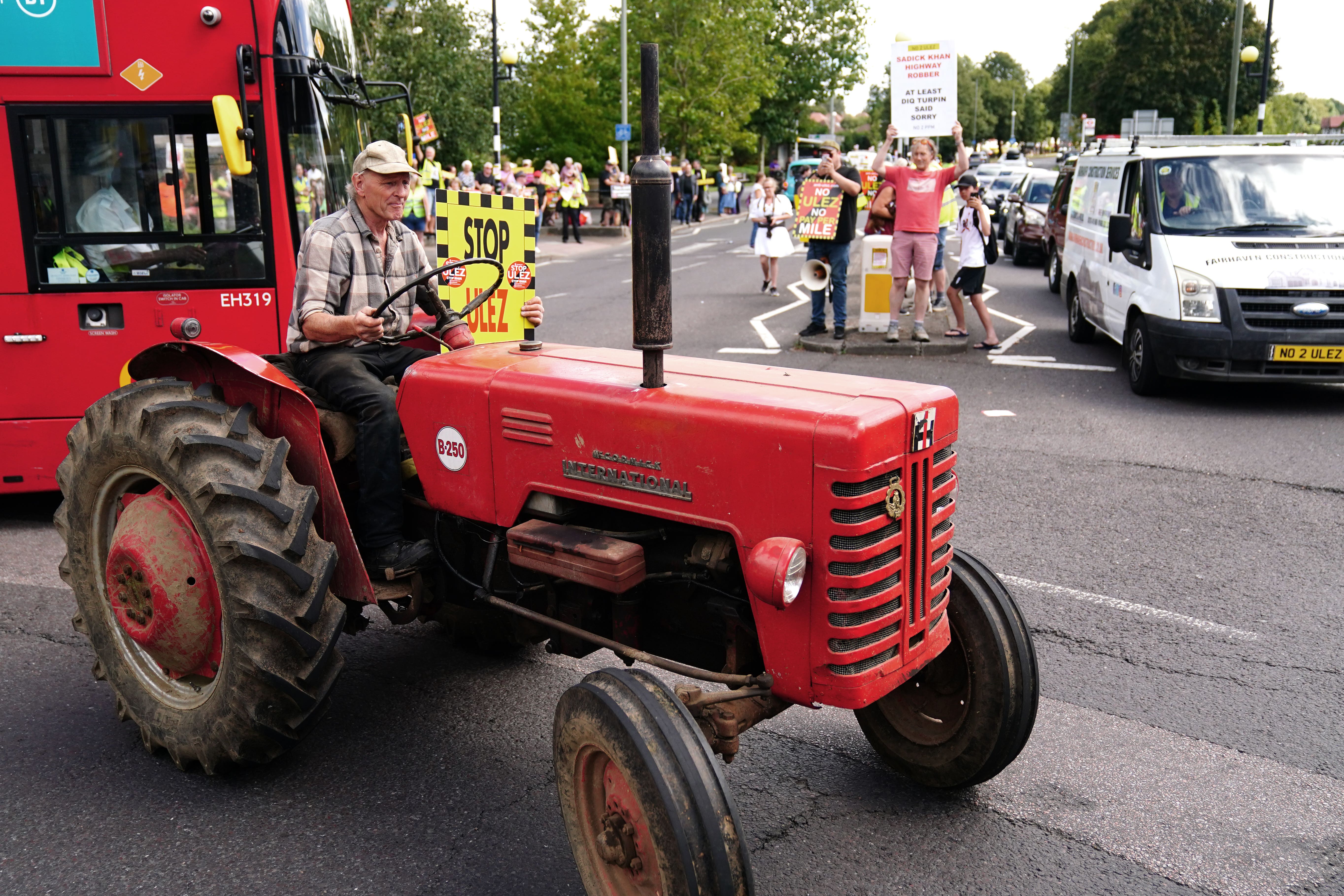 People take part in a protest against the proposed ultra-low emission zone (Ulez) expansion in Orpington (PA)