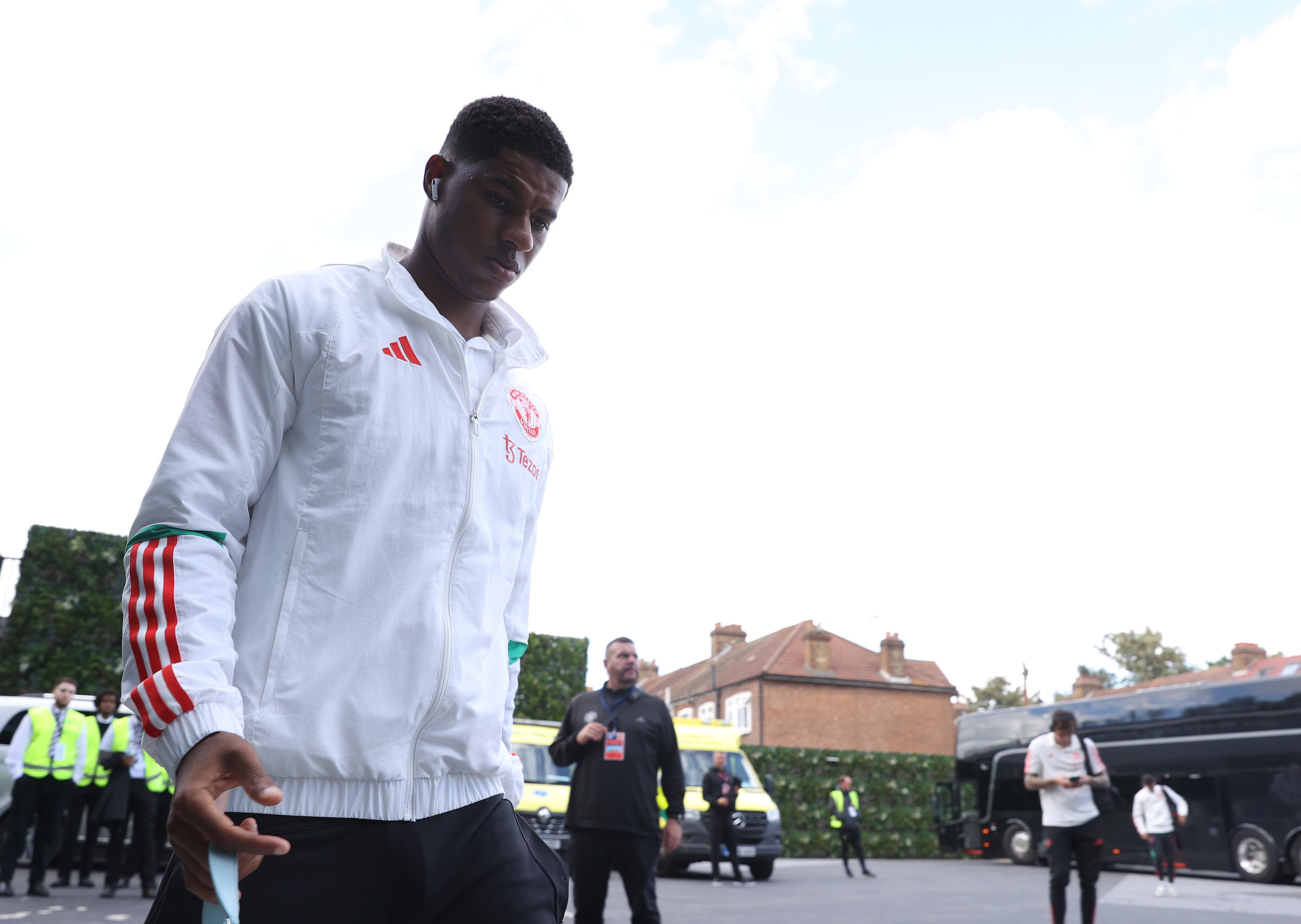 Marcus Rashford arrives at the Tottenham Hotspur Stadium