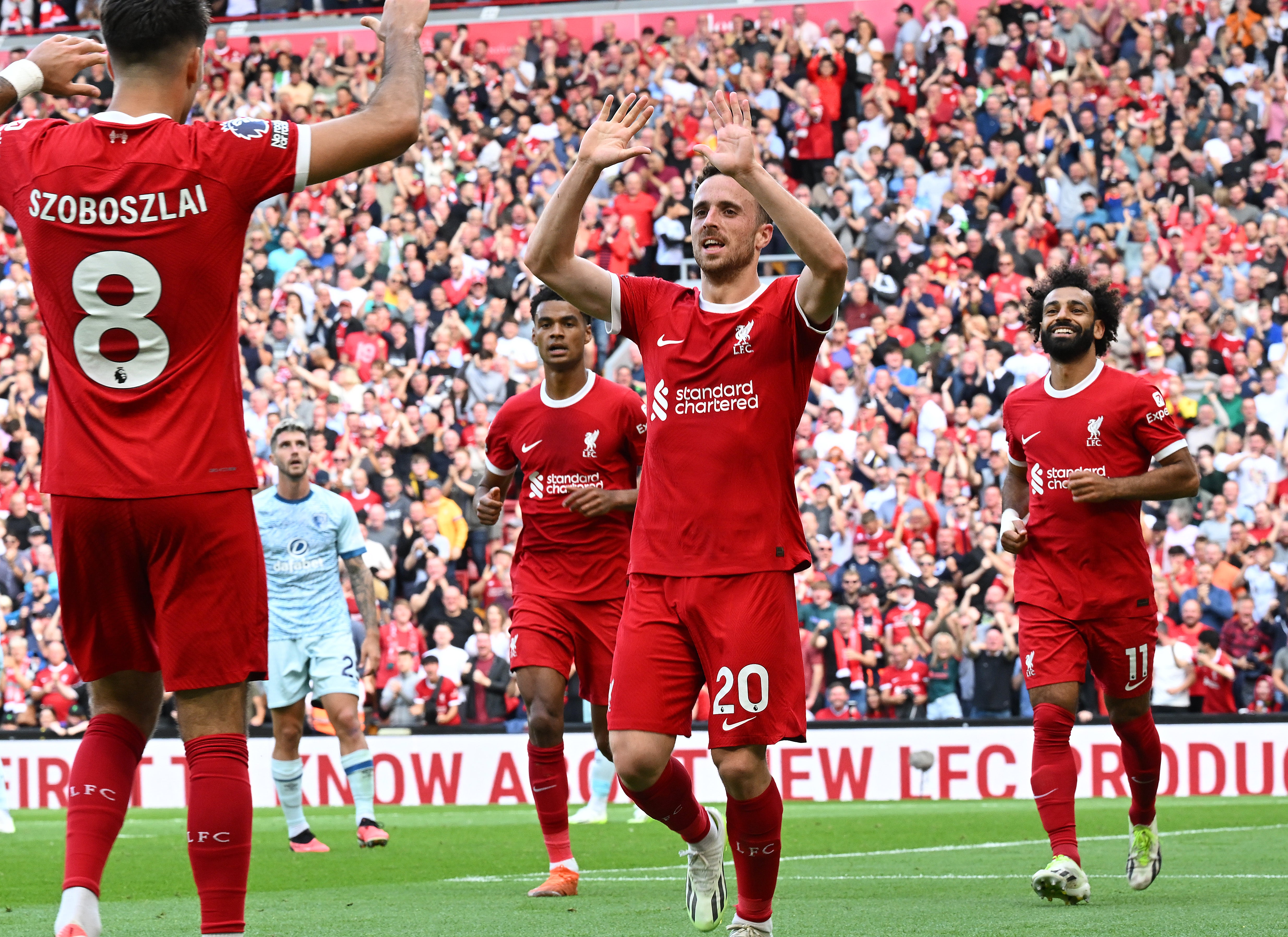 Diogo Jota celebrates after scoring Liverpool’s third goal