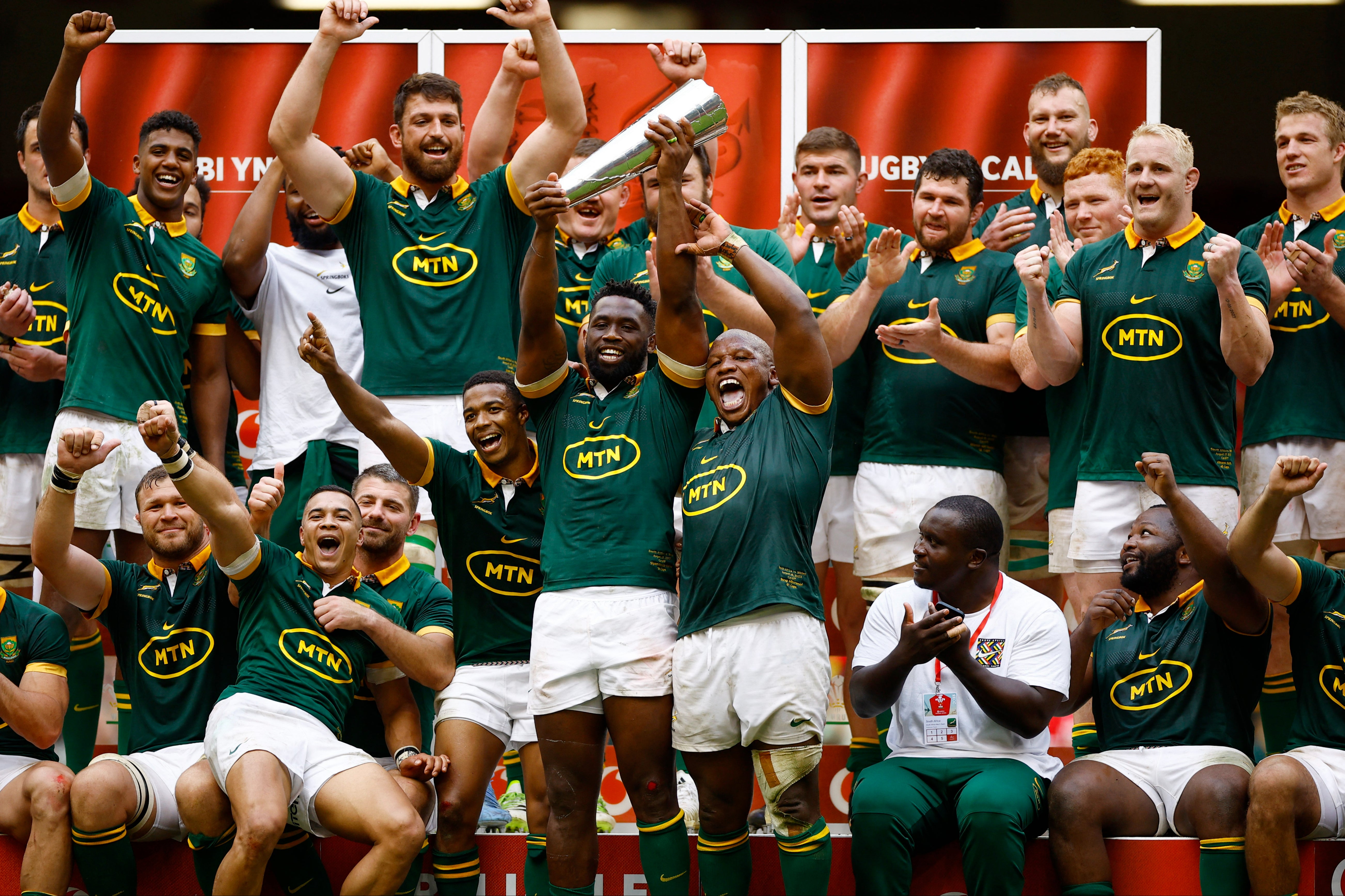 South Africa celebrated a crushing win in Cardiff