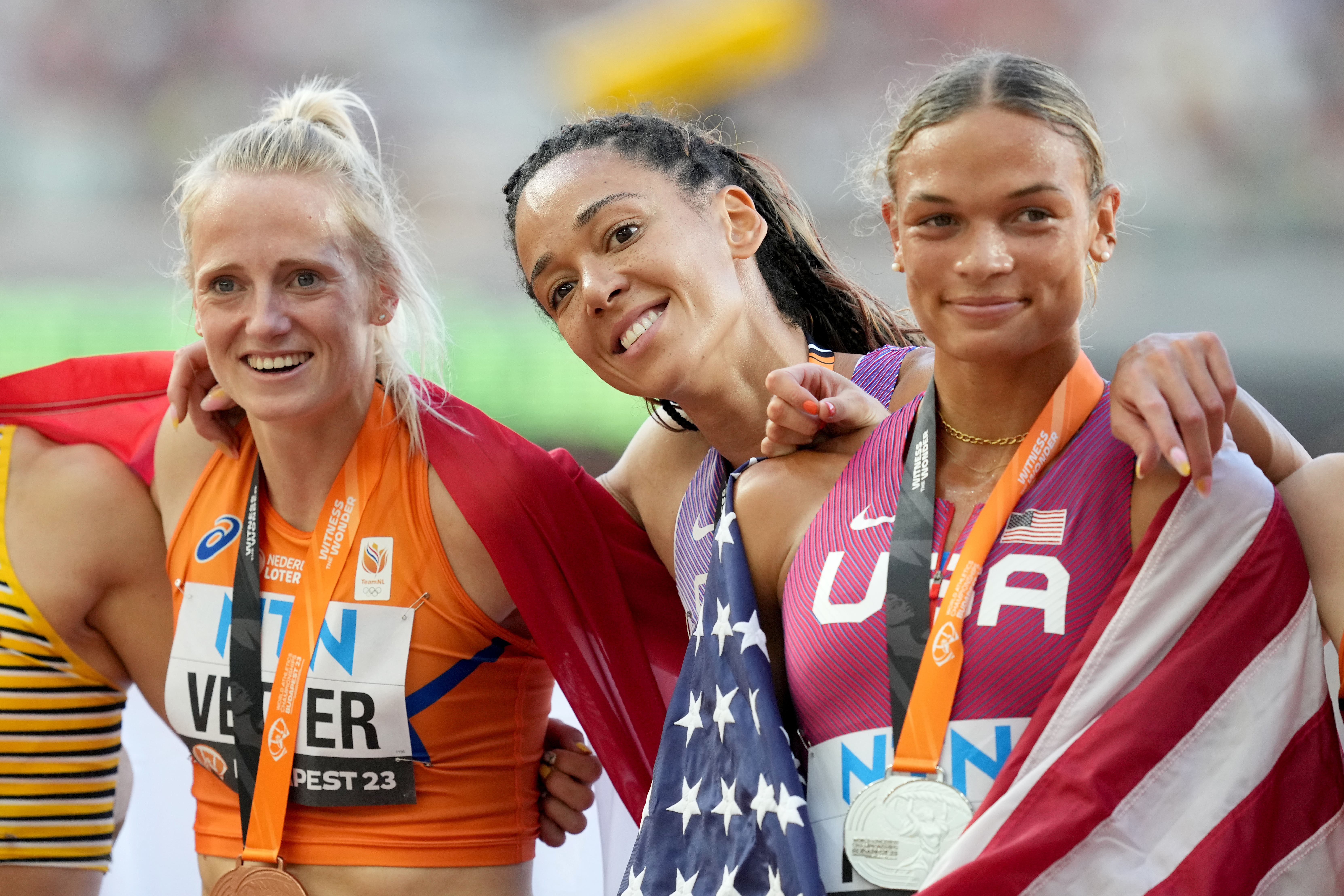 Great Britain’s Katarina Johnson-Thompson beat Anna Hall and Anouk Vetter (Martin Rickett/PA)