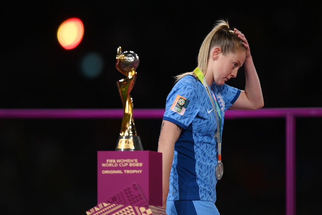 Keira Walsh of England as she walks past the Women's World Cup Trophy after the final