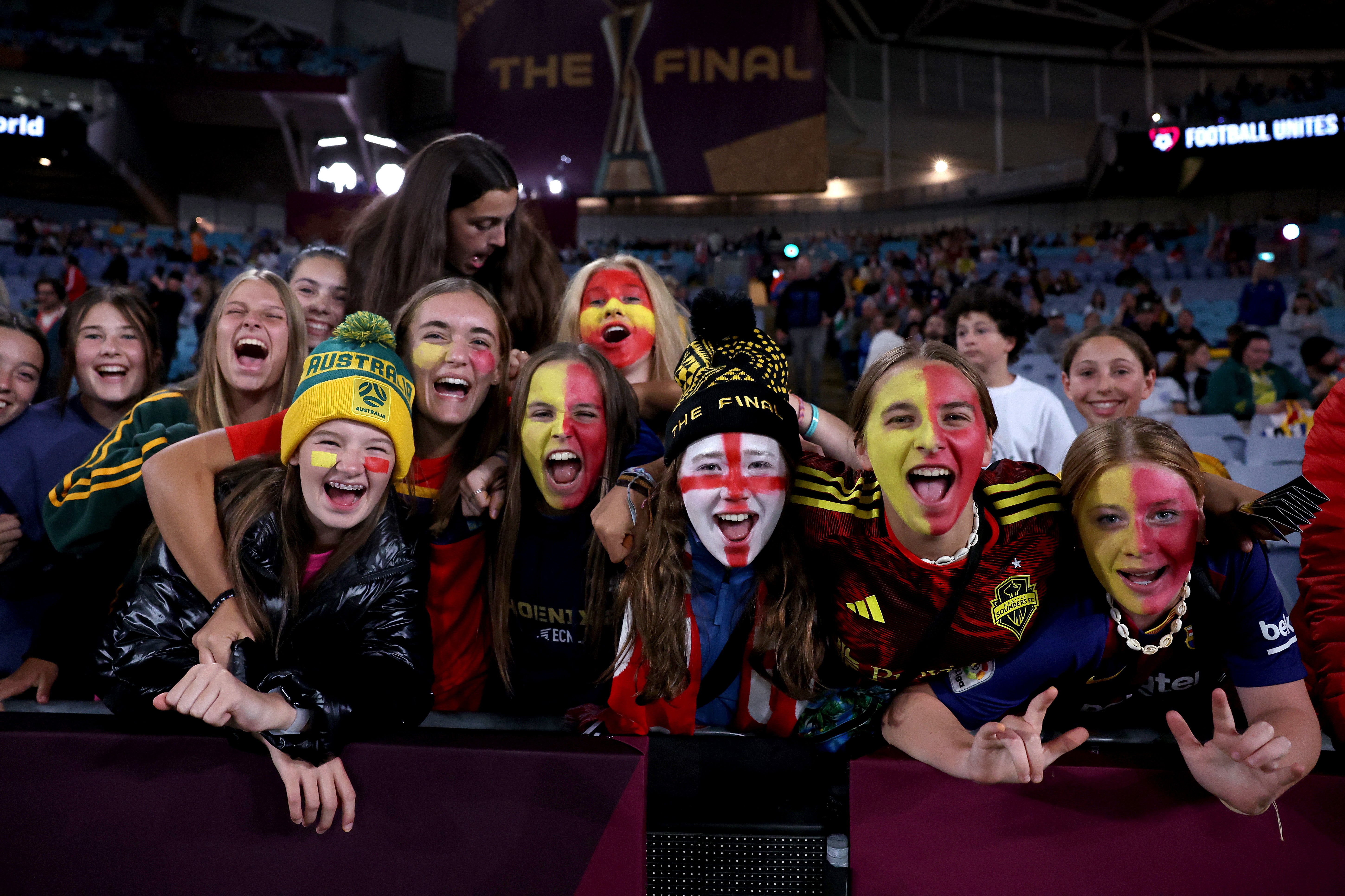 England and Spain fans come together before the final in Sydney