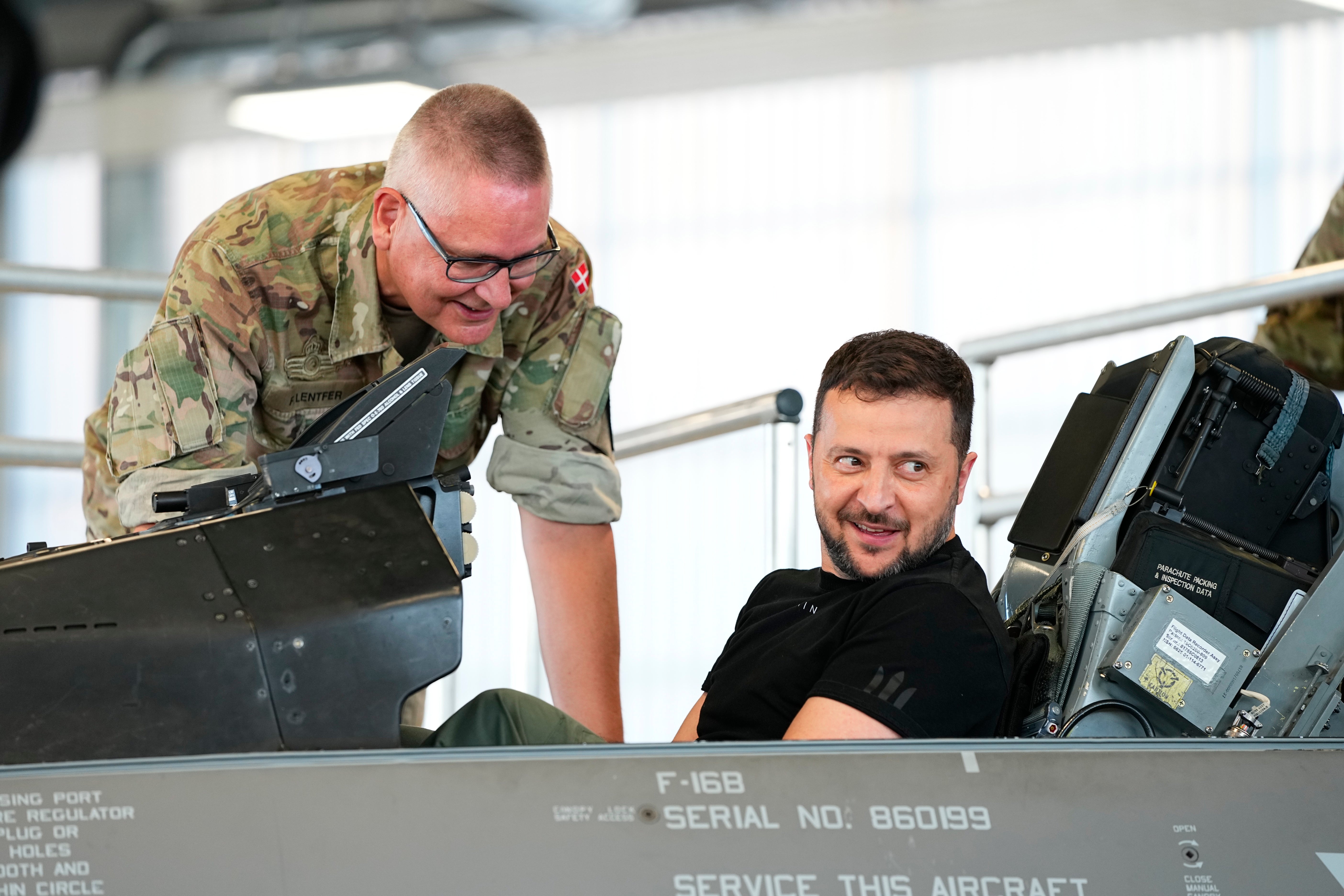 Ukrainian president Volodymyr Zelensky sits in a F-16 fighter jet at Skrydstrup airbase in Vojens, Denmark