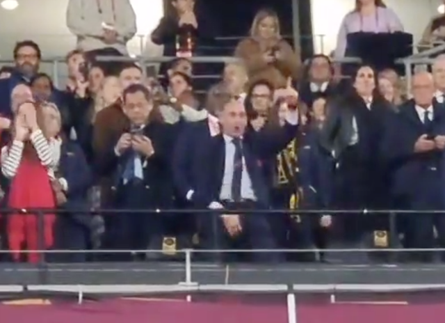 <p>Spanish FA president Luis Rubiales gestures during the celebrations</p>