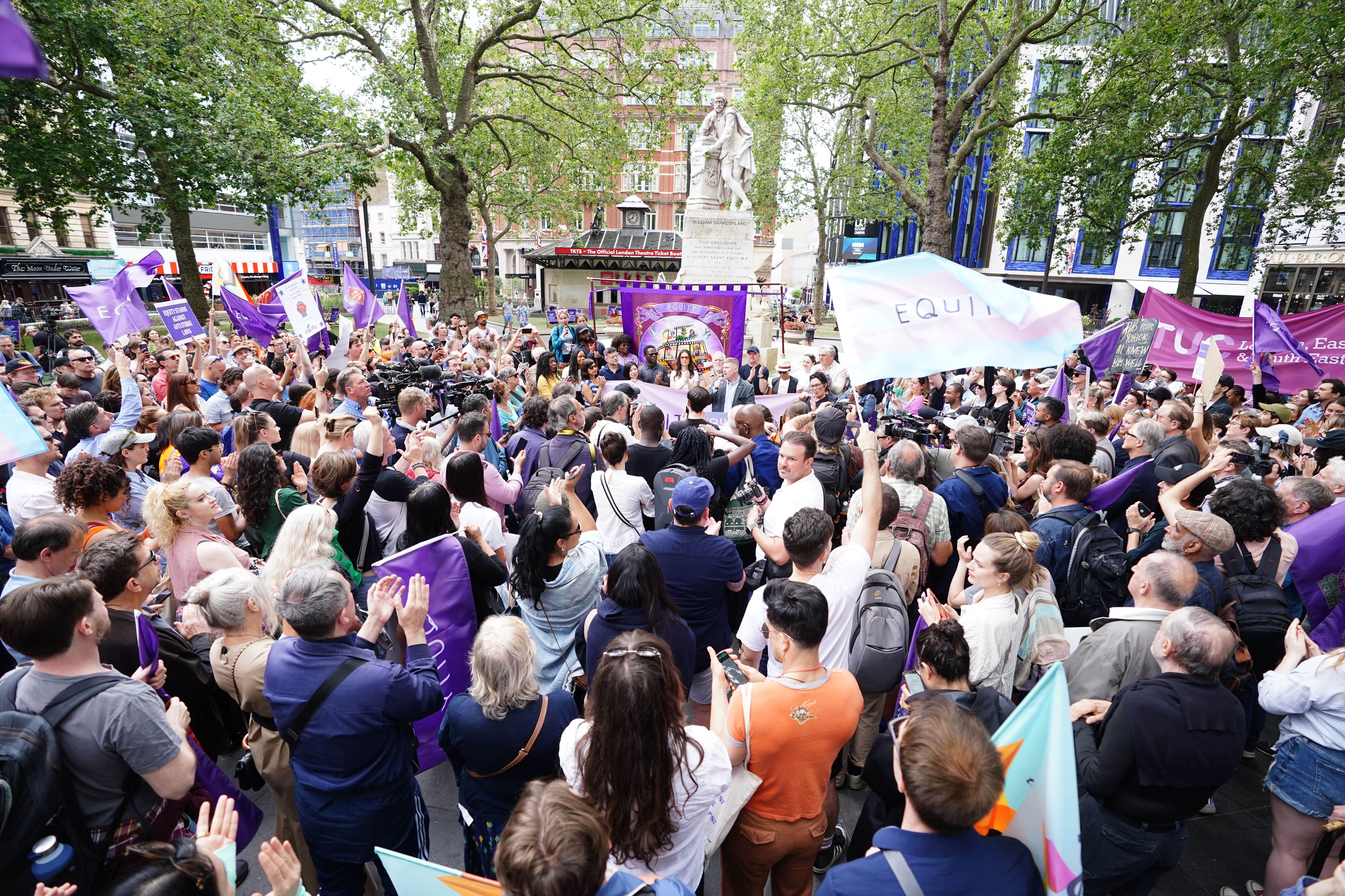 A protest in July by members of the British union Equity in Leicester Square, London, in solidarity with striking Hollywood actors. (Ian West/PA)