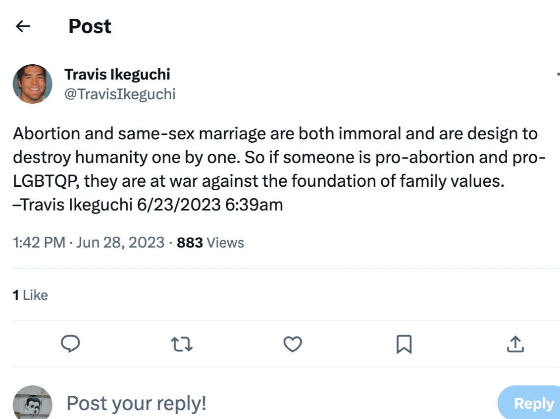 In another post on 28 June, the user took aim at same-sex marriage and abortion