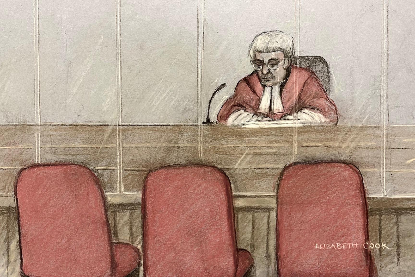 Court drawing by Elizabeth Cook of empty chairs in court after nurse Lucy Letby refused to attend