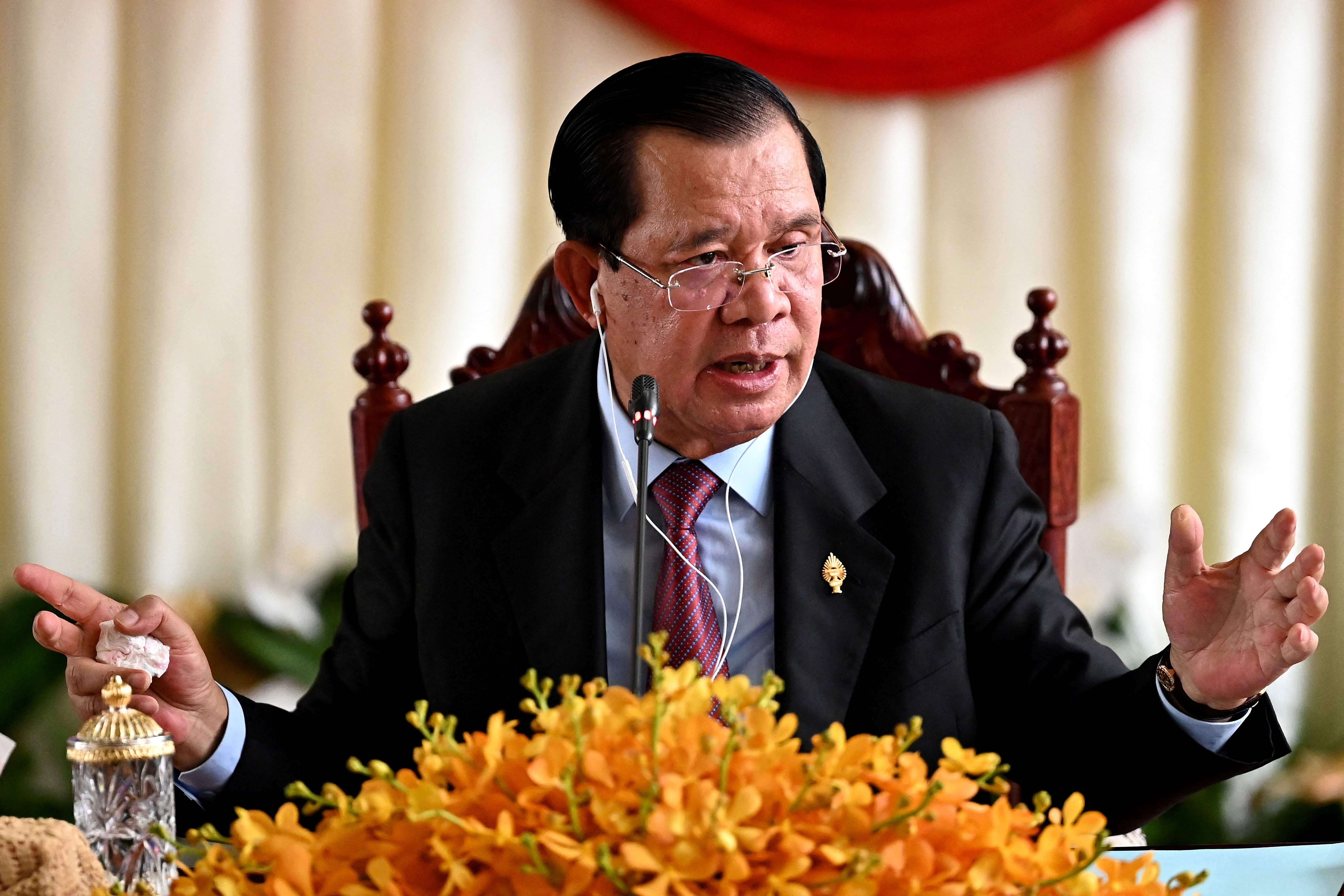 Cambodia’s former Prime Minister Hun Sen speaks during a press conference