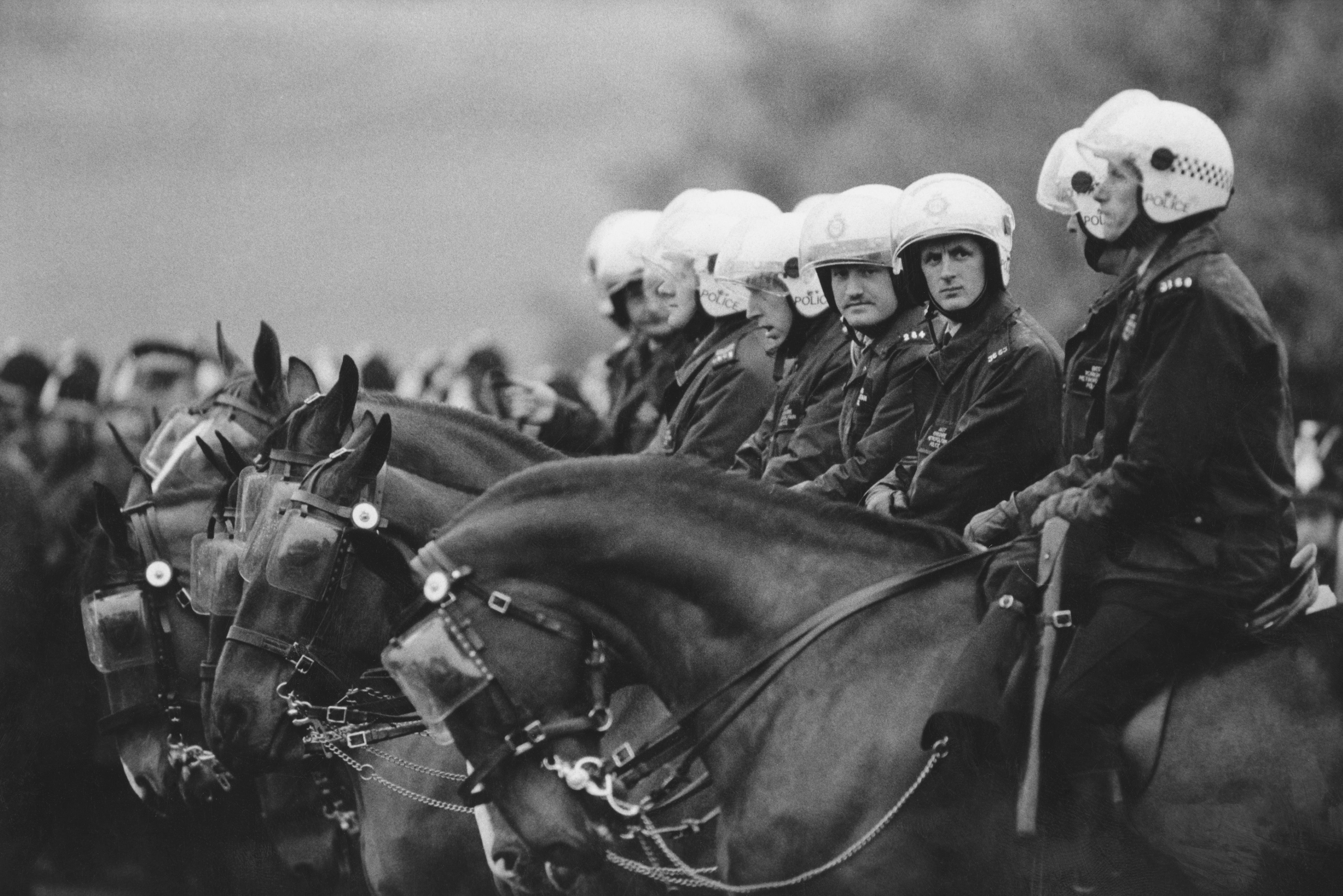 Mounted riot police at the miners' demonstration at Orgreave colliery, Yorkshire, where miners picketed the mine, 2nd June 1984. Soon afterwards, the 'Battle of Orgreave' took place