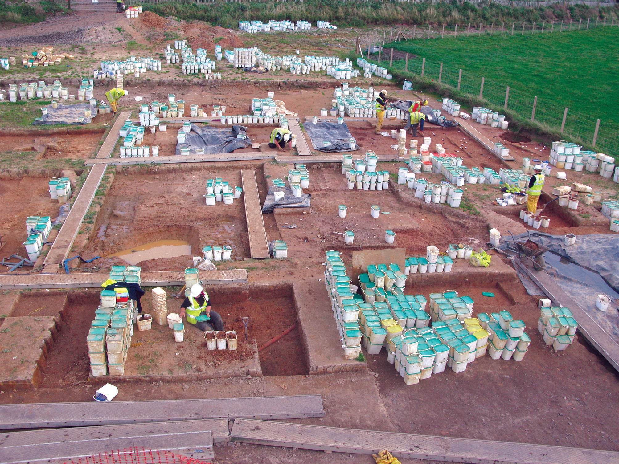 An aerial view of the Stone Age site at Stainton West near Carlisle with the river Eden in the background. The excavations revealed the Prehistoric channel of the river which attracted human activity for millennia.