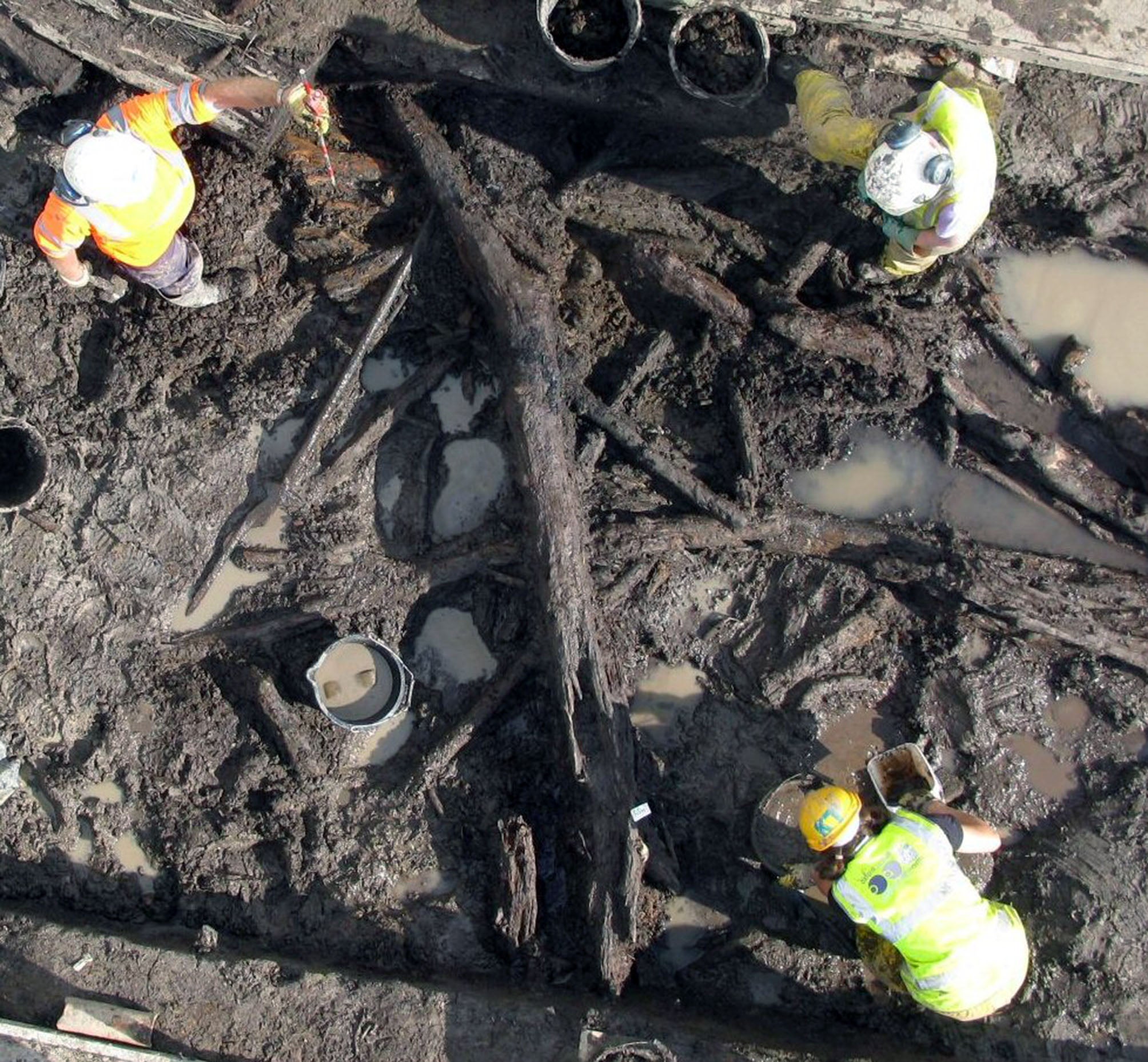 The Oxford Archaeology team excavating the wooden objects exceptionally preserved in waterlogged soil at Stainton West near Carlisle. These objects date to the Mesolithic and Neolithic - and their level of preservation is very rare.