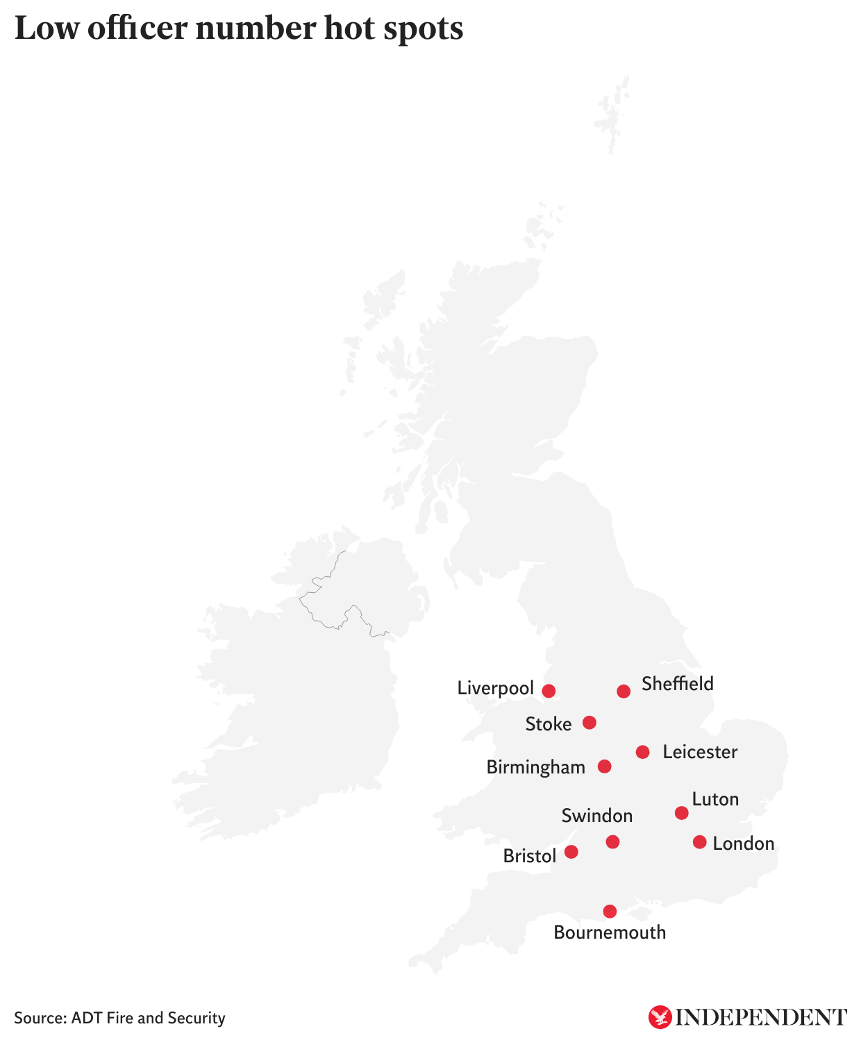 Map shows top 10 areas with lowest number of officers