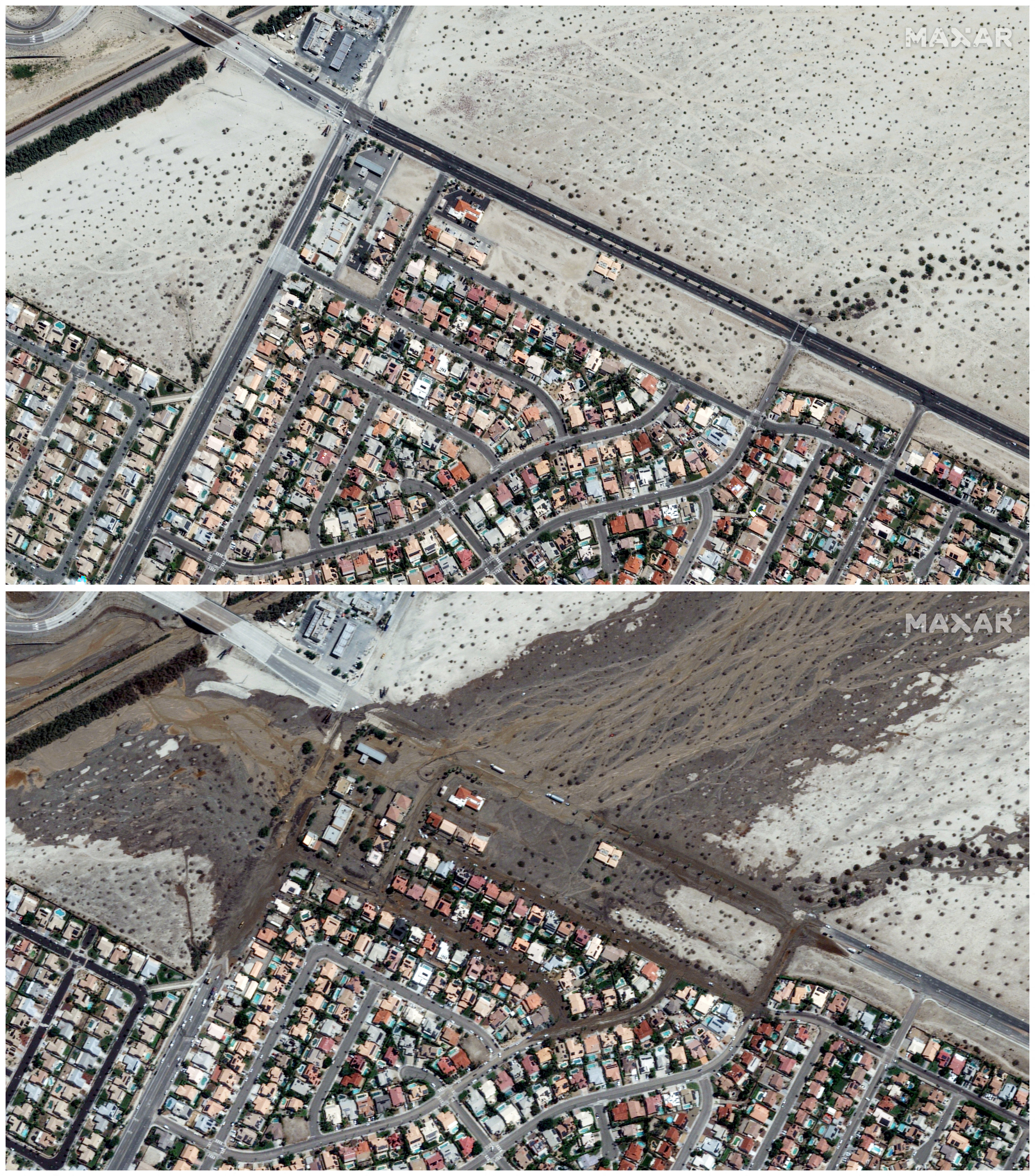 A combination satellite image shows the Cathedral City area before and after flooding caused by Hilary on April 15, 2023 (top) and August 21, 2023 (bottom)