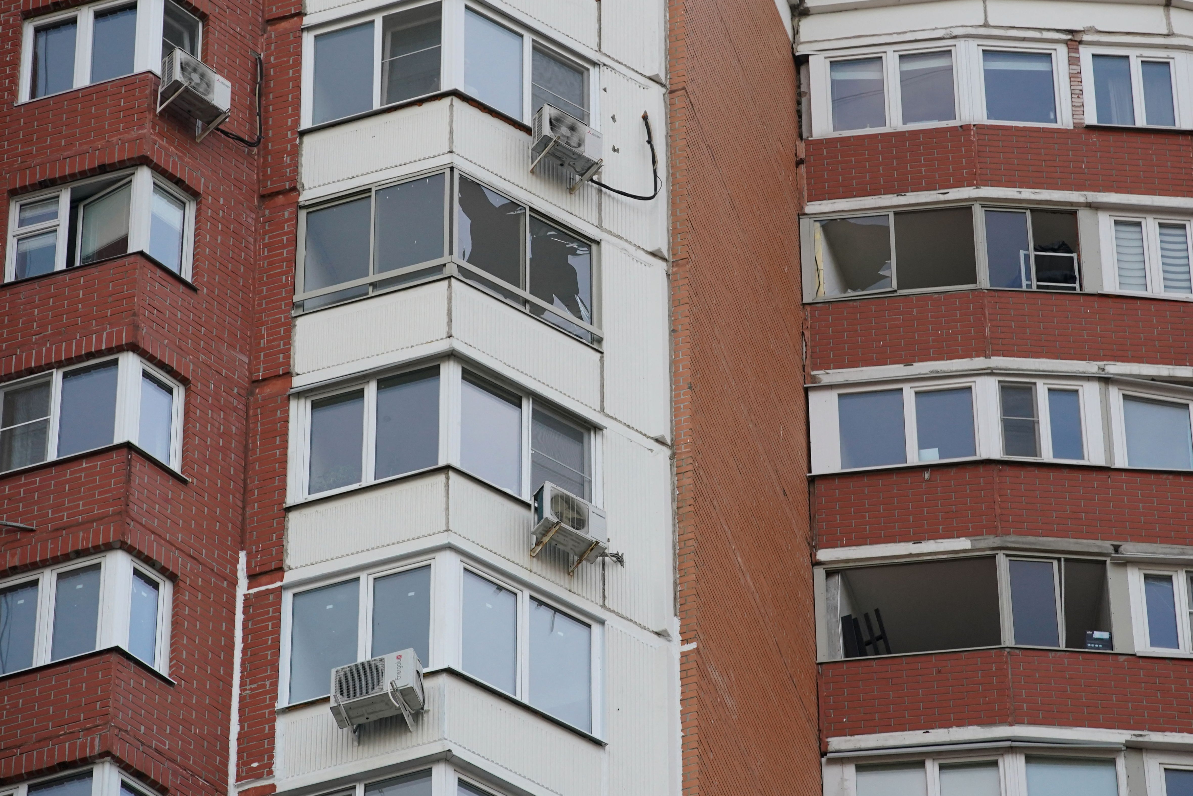 A damaged residential building following a drone attack in the Moscow region on Tuesday