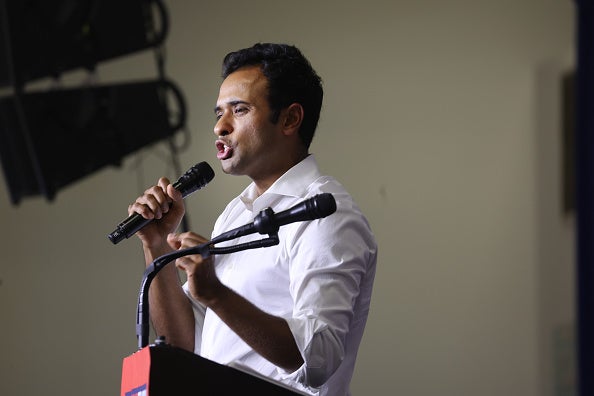 Republican presidential candidate businessman Vivek Ramaswamy speaks to guests at Ashley's BBQ Bash