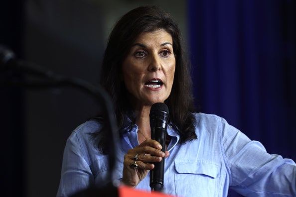 Republican presidential candidate former UN Ambassador Nikki Haley speaks to guests at Ashley’s BBQ Bash