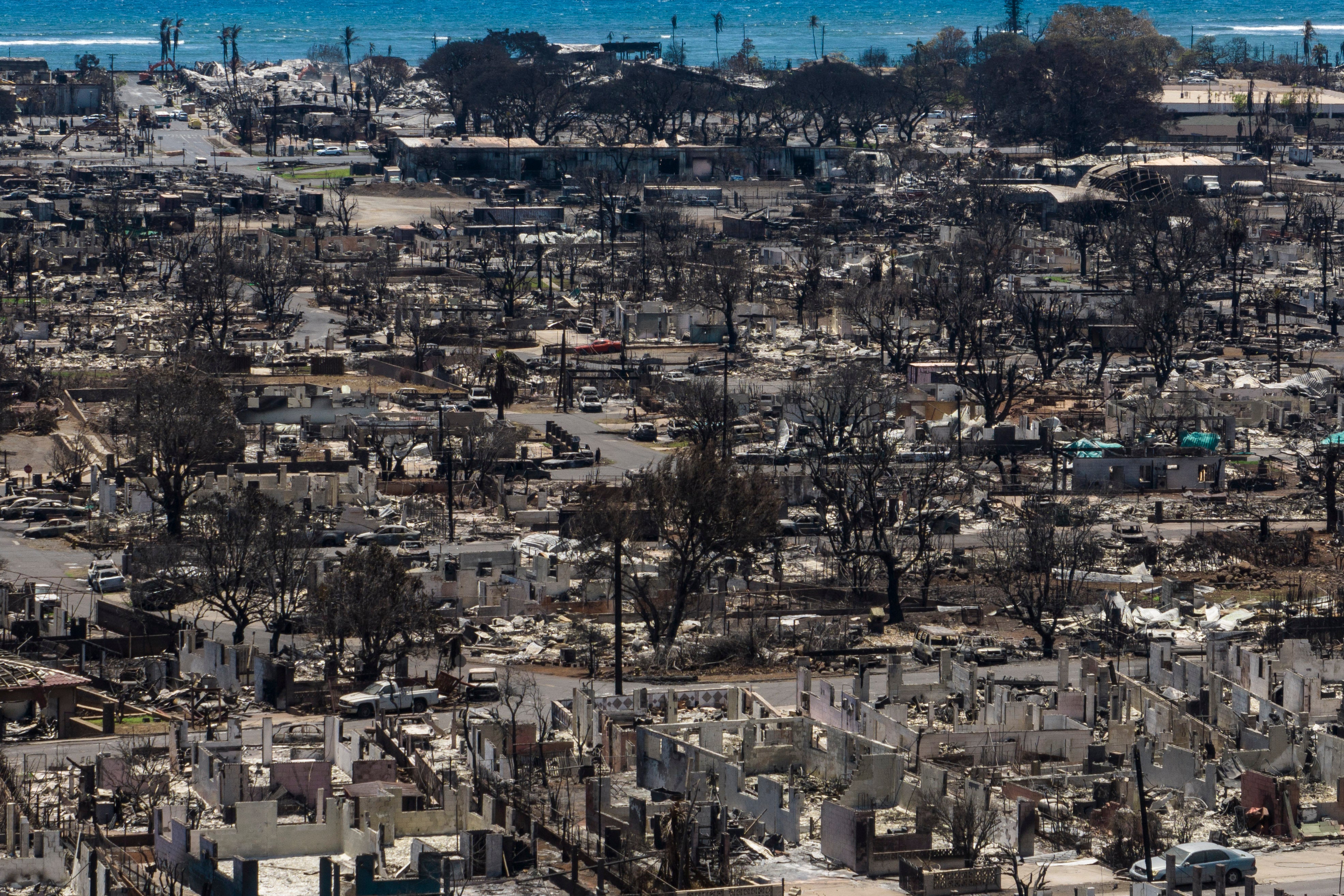 A general view shows the aftermath of the devastating wildfire in Lahaina, Hawaii on August 22, 2023