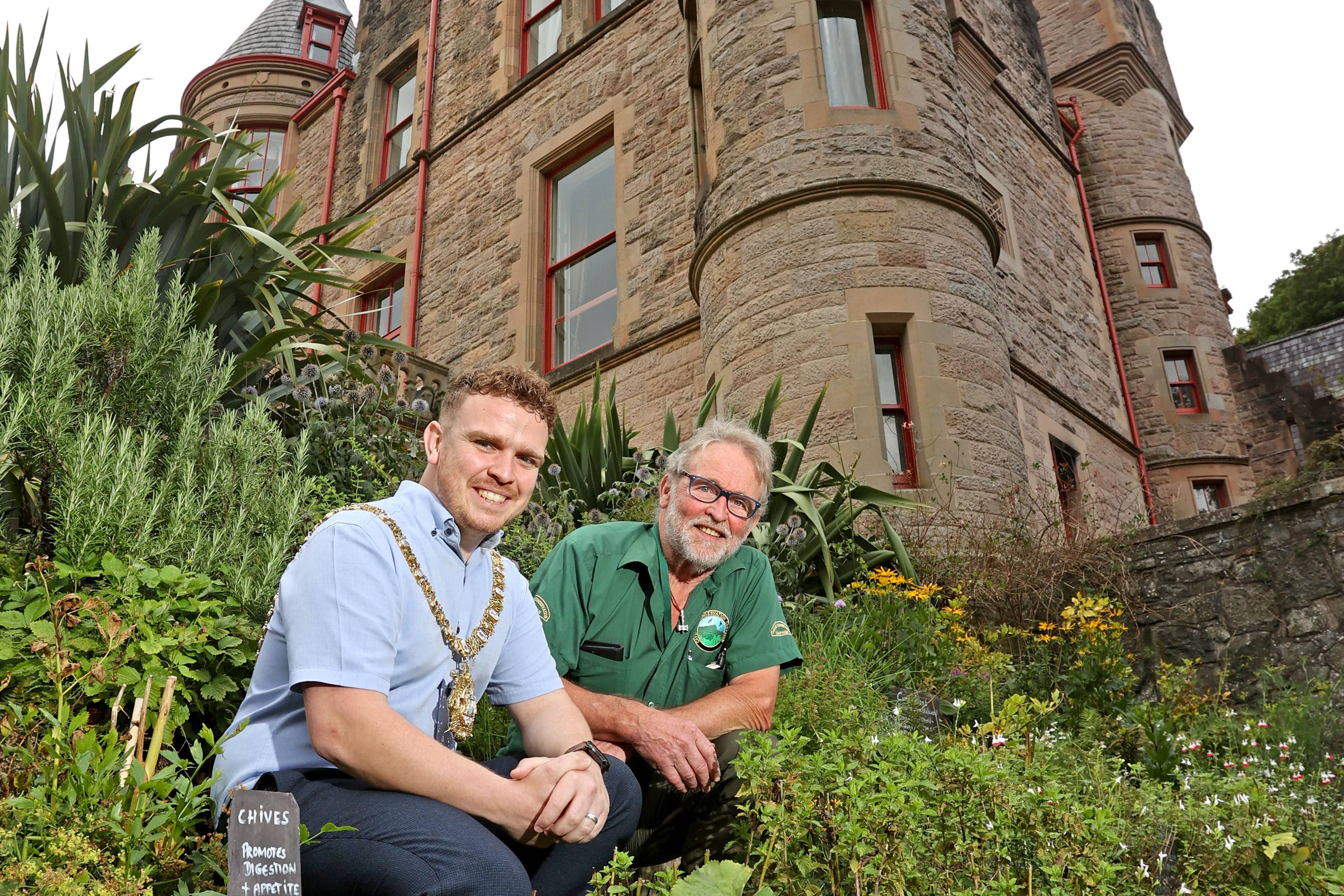 Lord Mayor of Belfast Ryan Murphy (left) pictured alongside chair of the Cave Hill Conservation Campaign Cormac Hamill at Belfast Castle (BCC/PA)