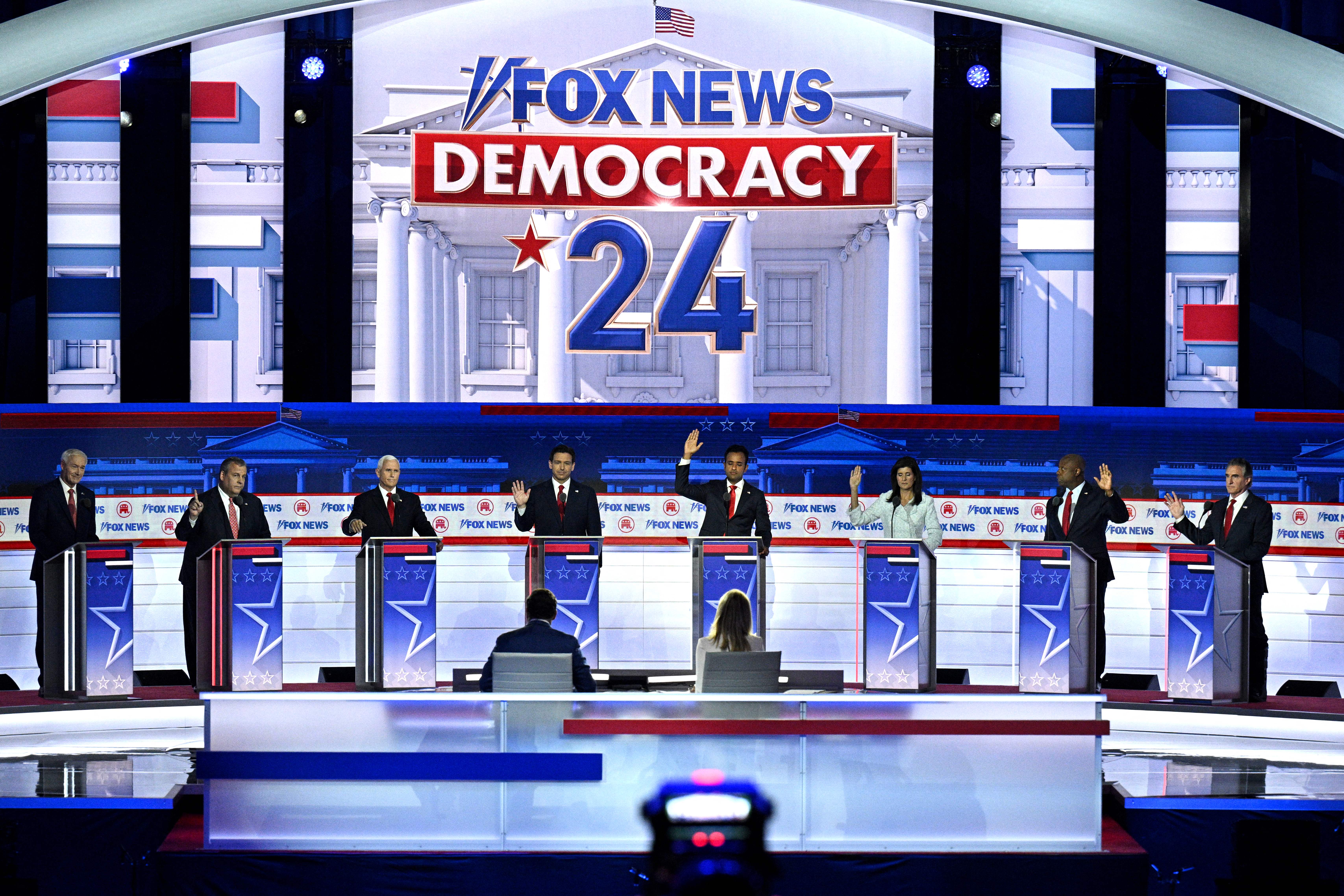 Participants on stage at the first Republican Presidential primary debate at the Fiserv Forum in Milwaukee, Wisconsin, on August 23, 2023