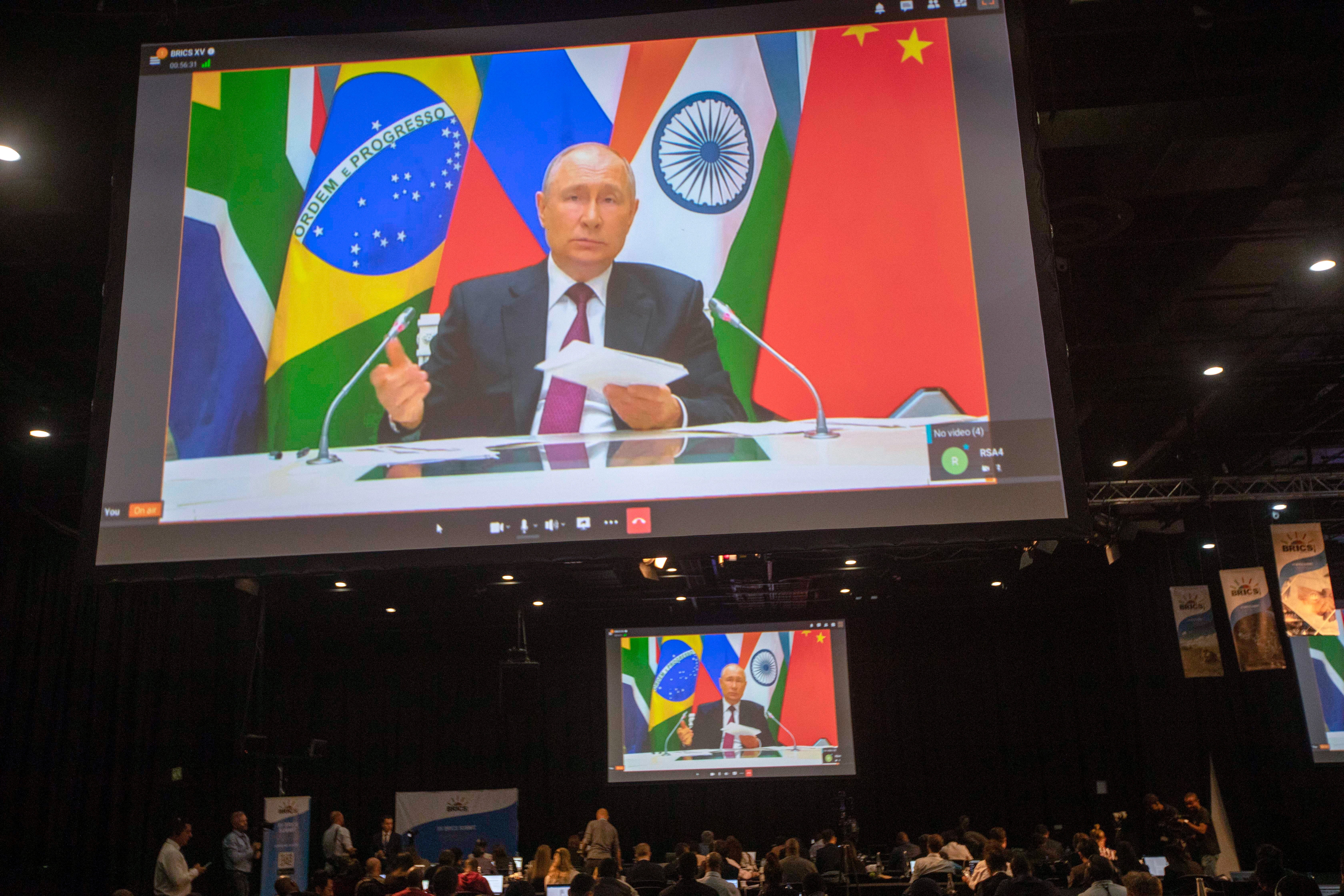 Russian President Vladimir Putin addressing a summit in South Africa on Thursday