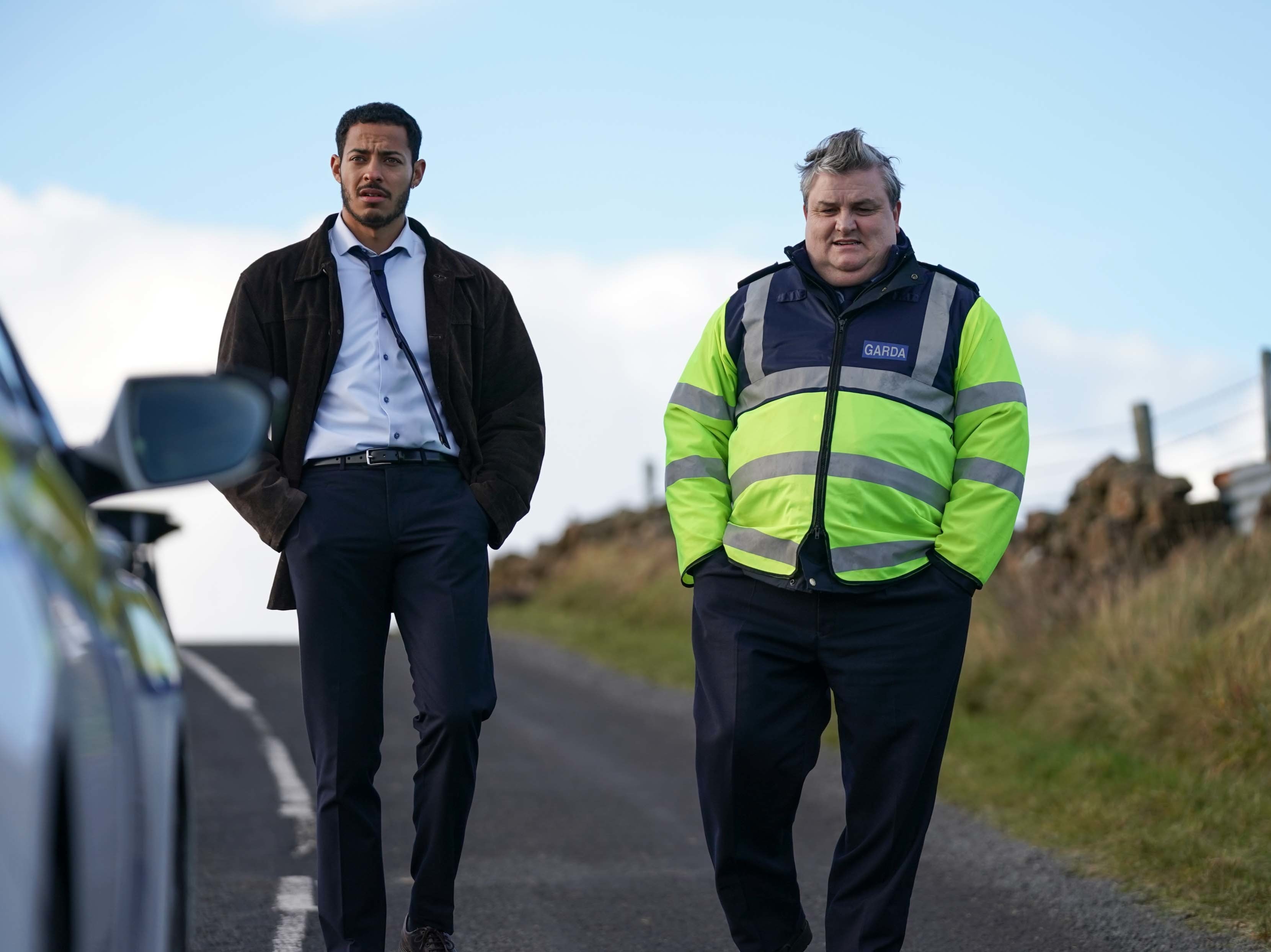 Daryl McCormack as Detective Colman Akande and Simon Delaney as Aiden Massey in ‘The Woman in the Wall’