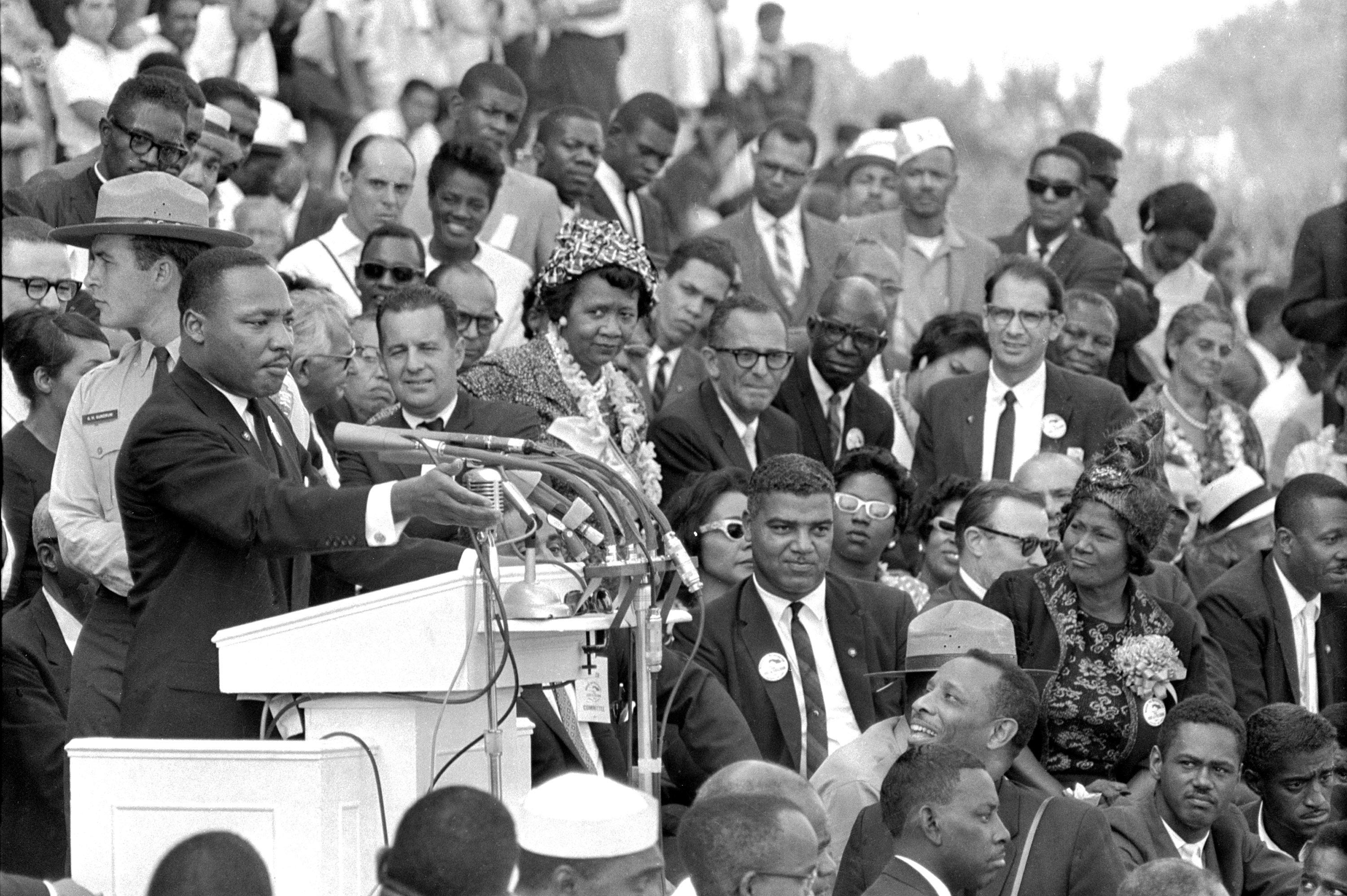 The late civil rights leader speaks to thousands during his "I Have a Dream" speech in front of the Lincoln Memorial for the March on Washington for Jobs and Freedom in Washington on August 28, 1963