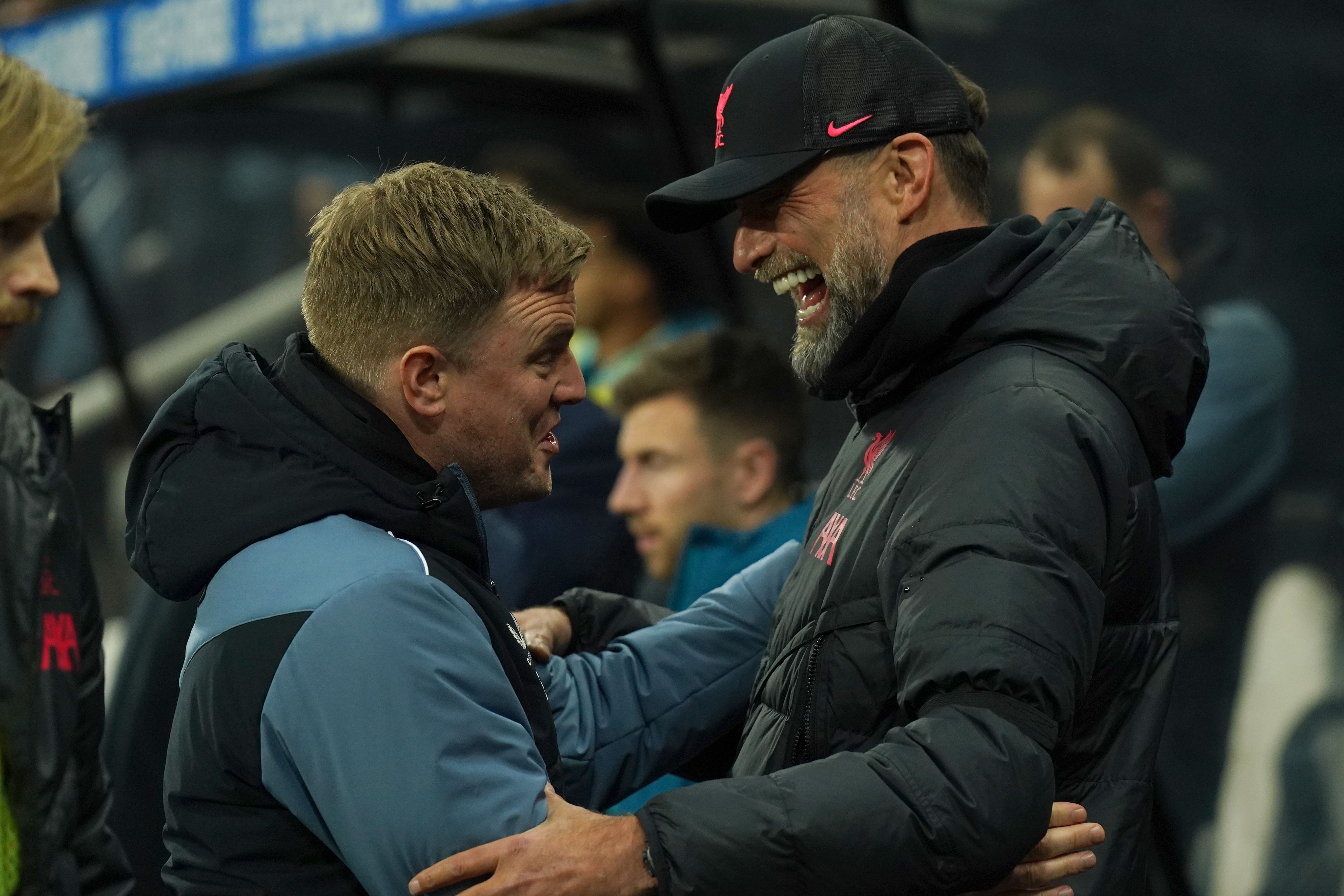 Newcastle head coach Eddie Howe (left) is still haunted by last season’s clashes with Liverpool counterpart Jurgen Klopp (Owen Humphreys/PA)