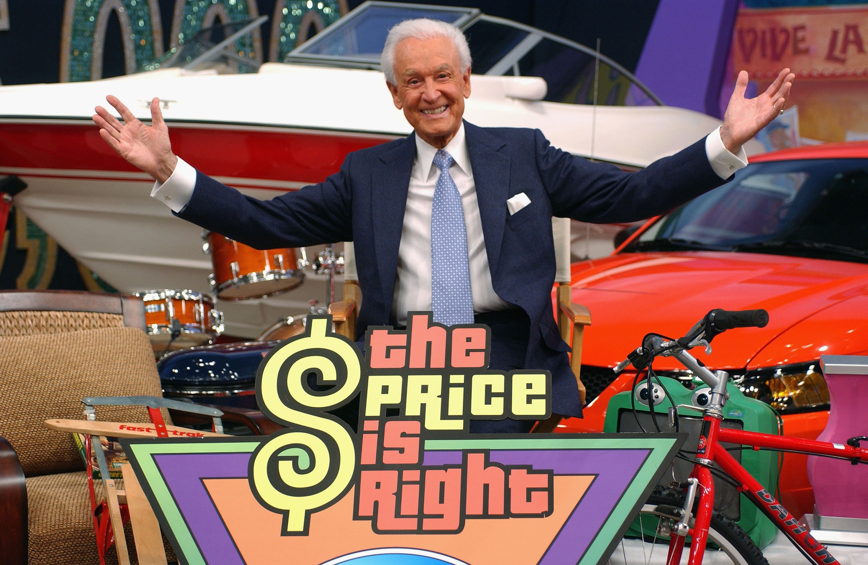 Game show host Bob Barker poses amongst a sea of prizes at the "Price is Right" 6,000th show taping on February 12, 2004 at the CBS Television Studio, in Los Angeles, California.