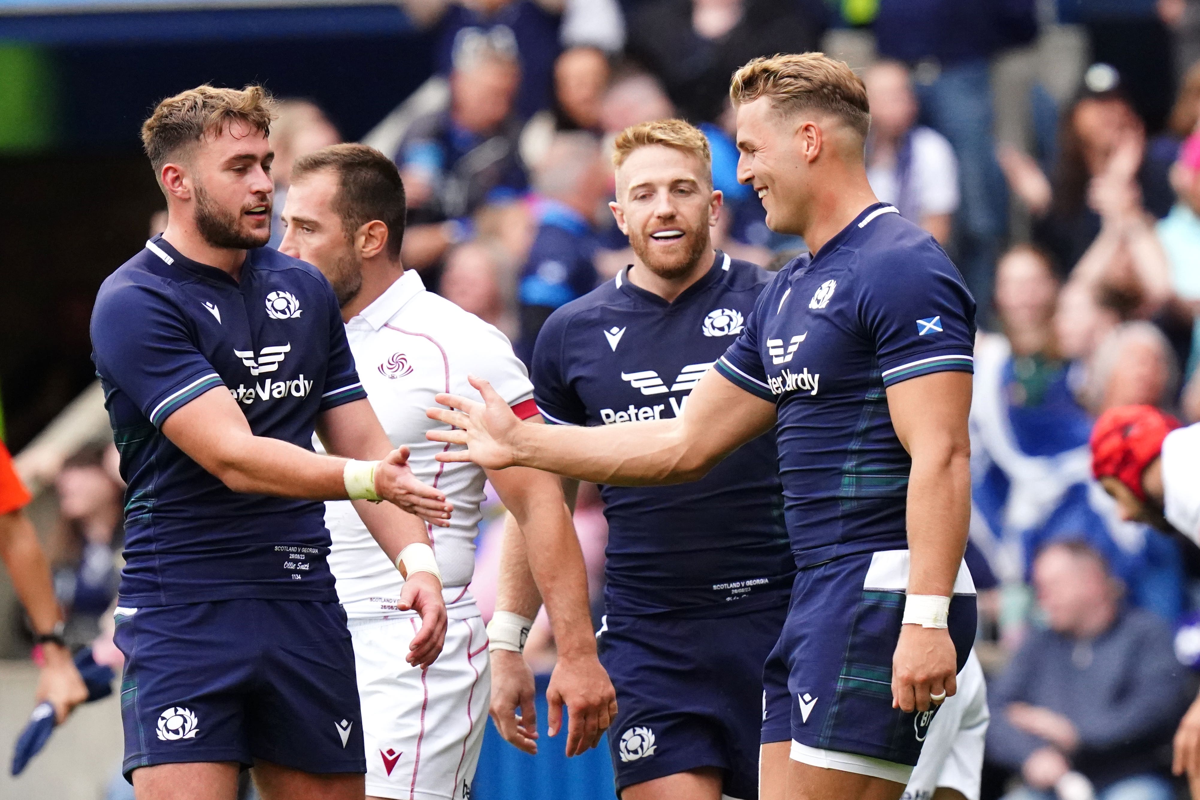 Duhan van der Merwe (right) celebrates his first try (Jane Barlow/PA)