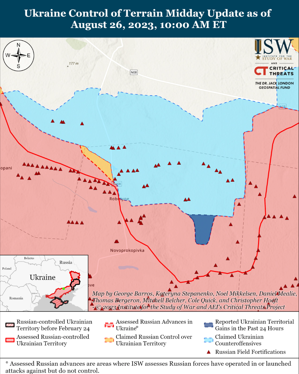 Russia appears to have also made gains west of Robotyne