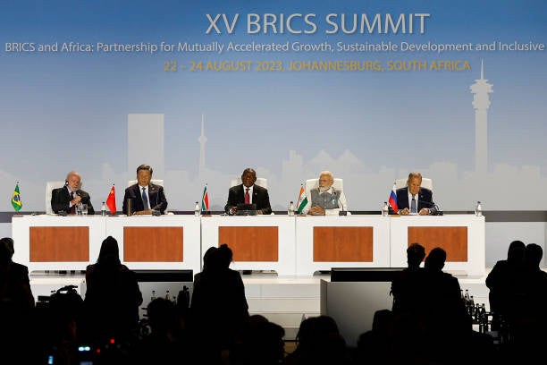 President of Brazil Luiz Inacio Lula da Silva, president of China Xi Jinping, South African president Cyril Ramaphosa, prime minister of India Narendra Modi and Russia’s foreign minister Sergei Lavrov attend the 2023 Brics Summit at the Sandton Convention Centre in Johannesburg on 24 August 2023